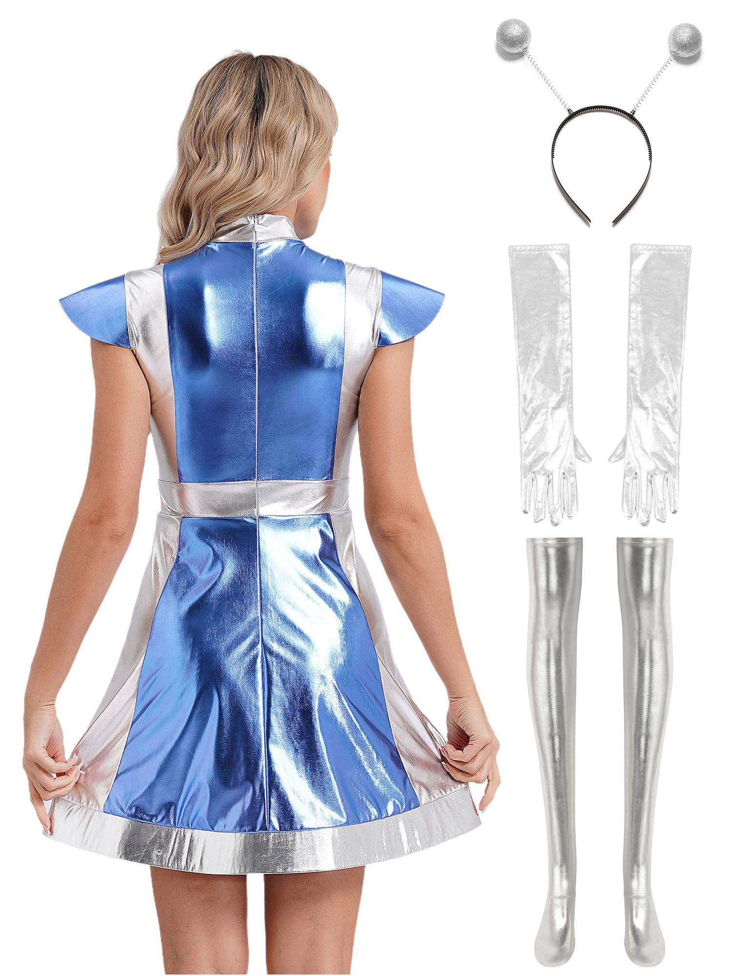 Women 6pcs Metallic A-line Dress with Long Gloves and Stockings Alien Costume