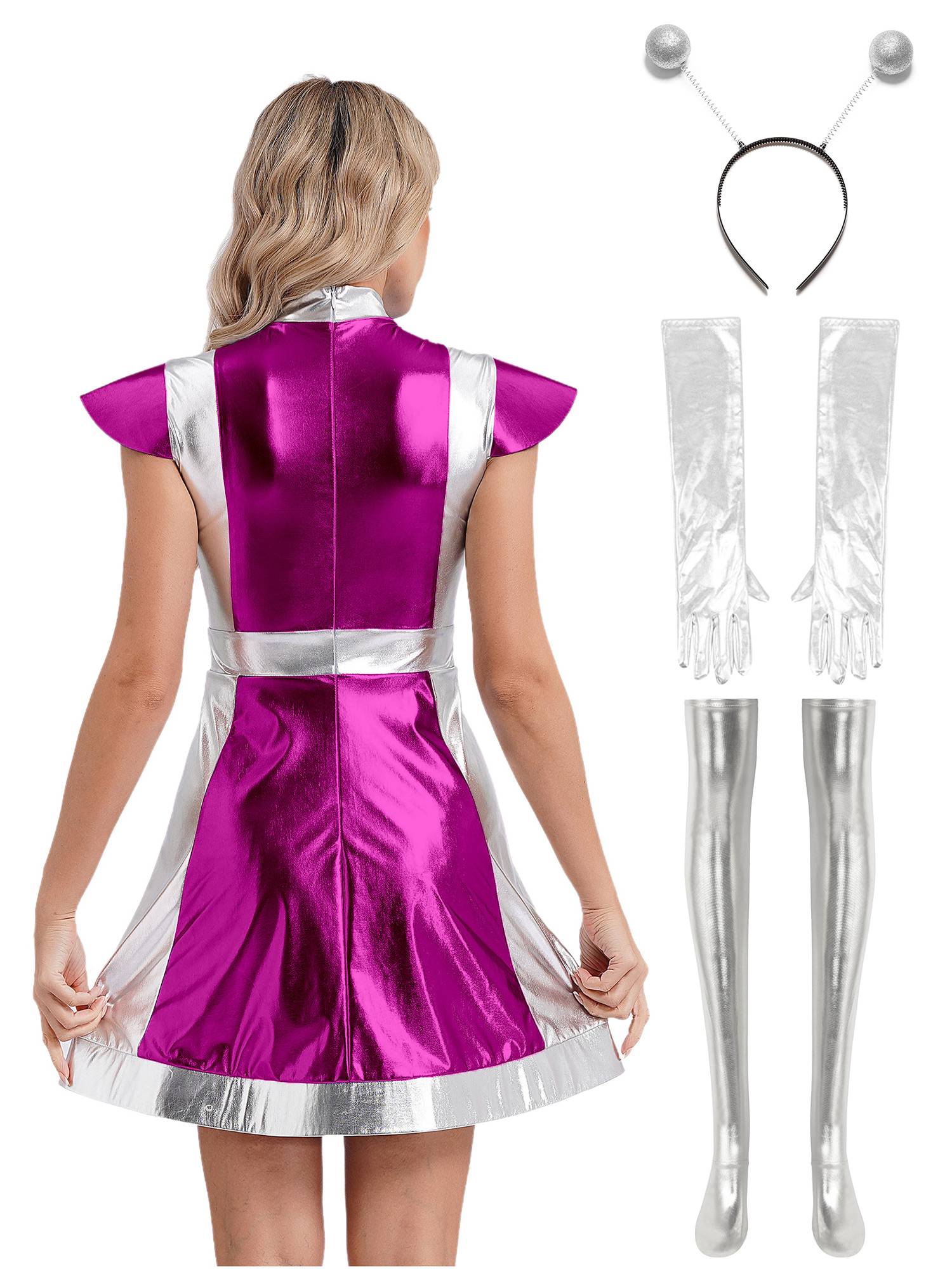 Women 6pcs Metallic A-line Dress with Long Gloves and Stockings Alien Costume