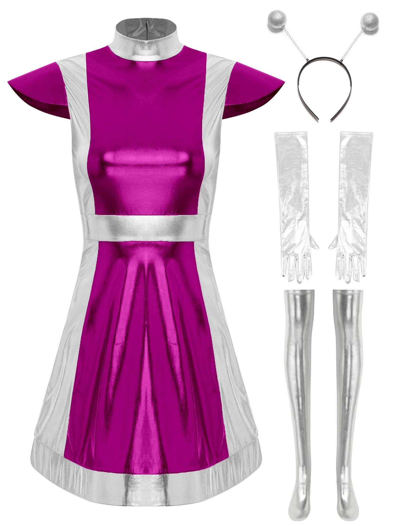 Women 6pcs Metallic A-line Dress with Long Gloves and Stockings Alien Costume