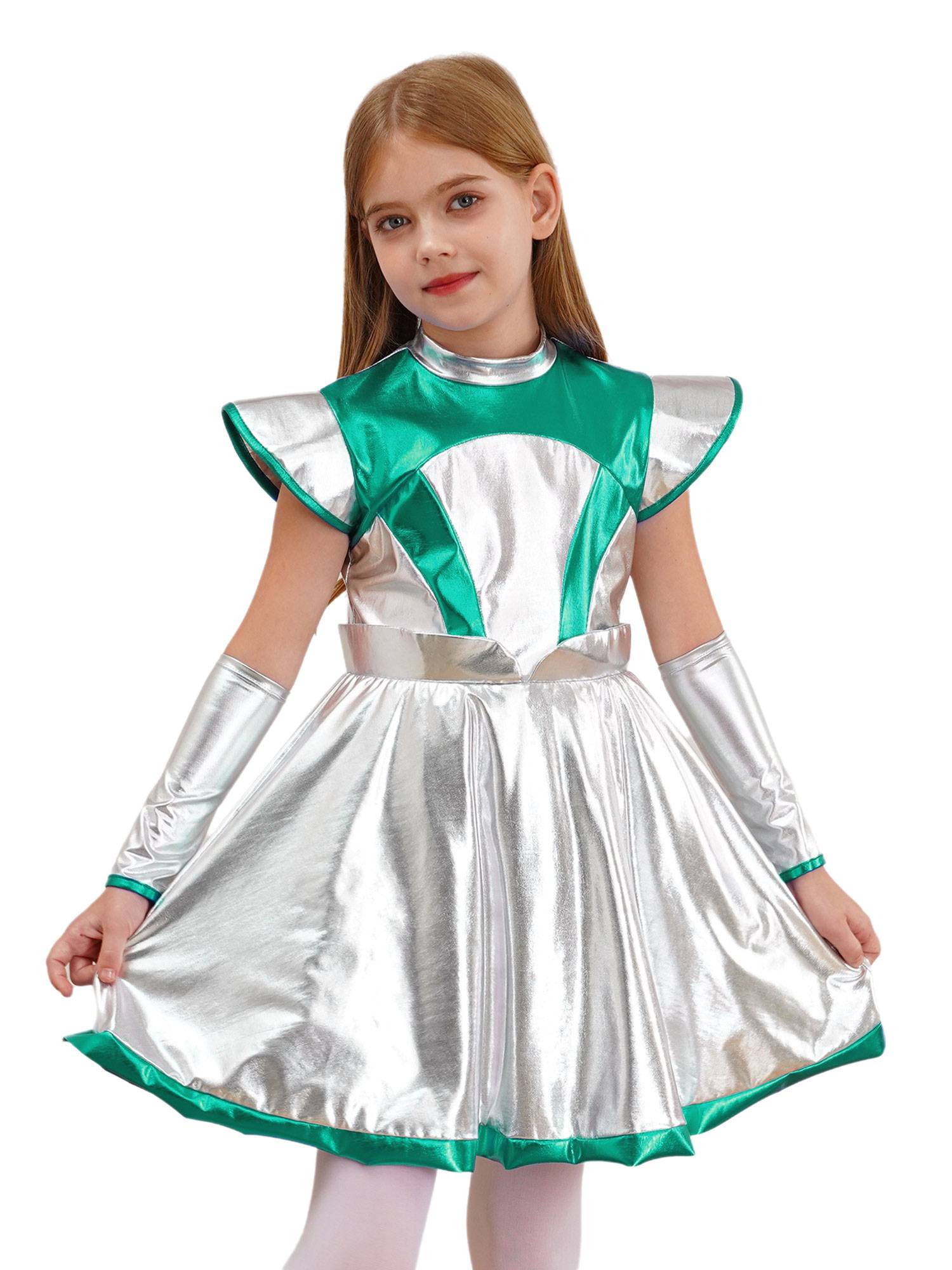 Kids Girls Cap Sleeve Metallic Halloween Alien Costume Dress with Arm Sleeves