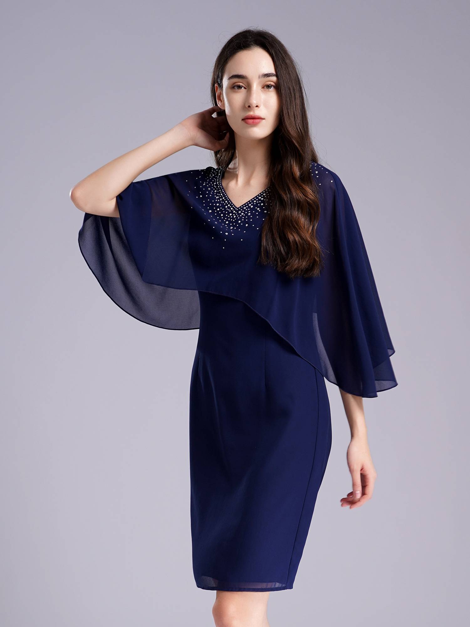 Women Rhinestones Party Dress V Neck Pencil Chiffon Dress for Evening