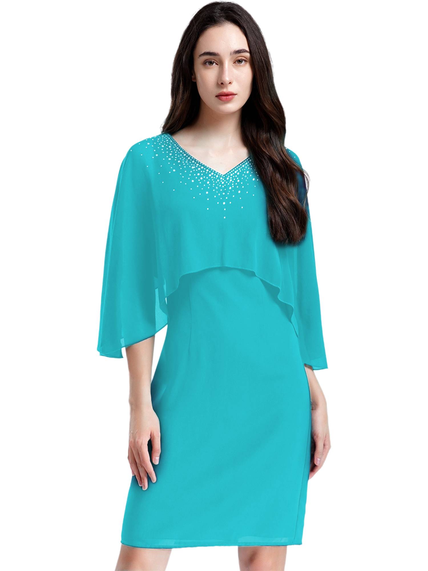Women Rhinestones Party Dress V Neck Pencil Chiffon Dress for Evening