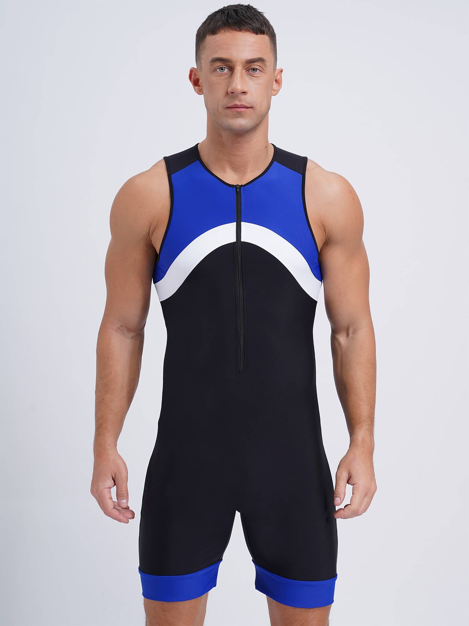 Men Sleeveless Colorblock Zipper Slim Fit Jumpsuit for Cycling