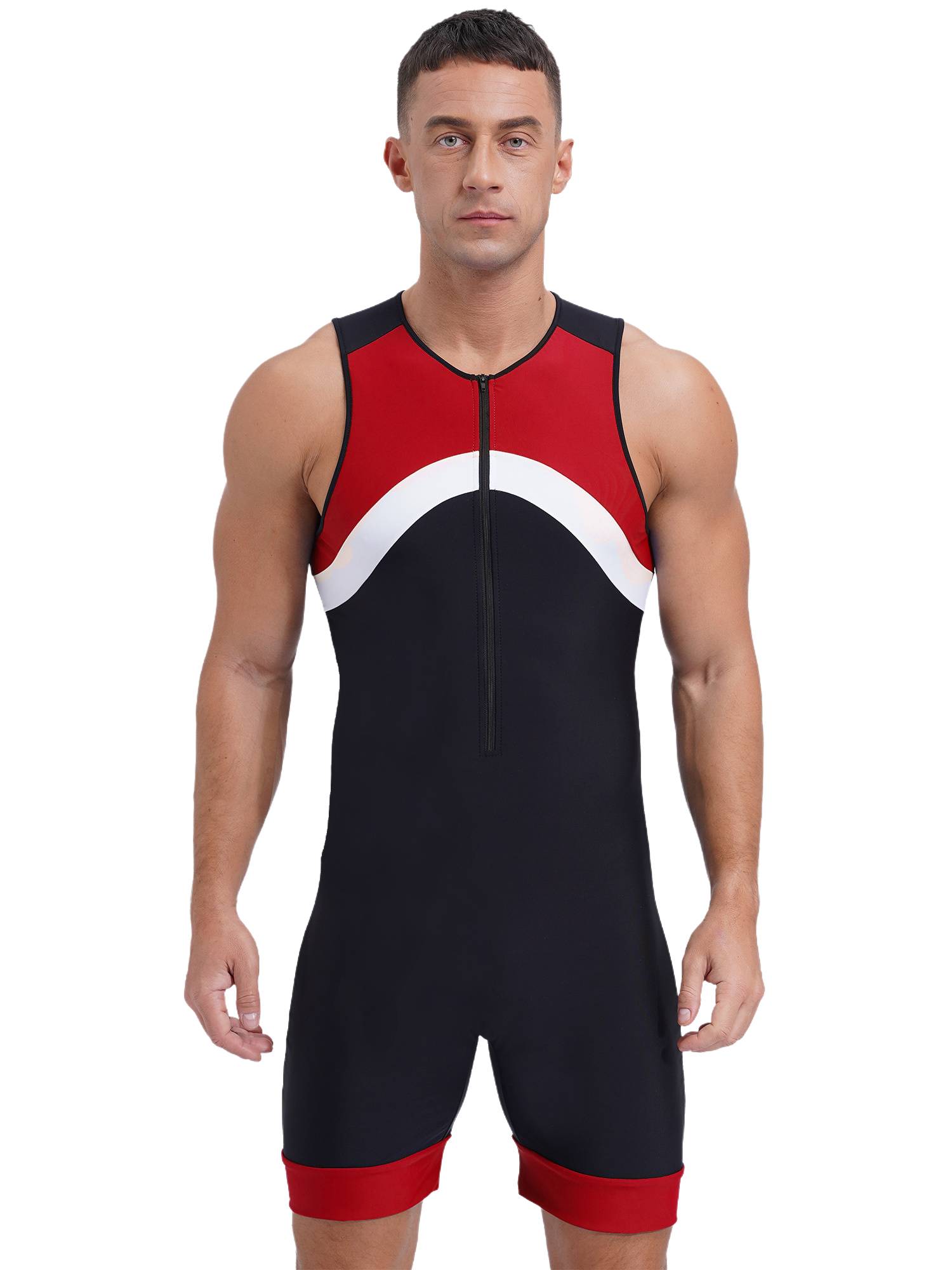 Men Sleeveless Colorblock Zipper Slim Fit Jumpsuit for Cycling