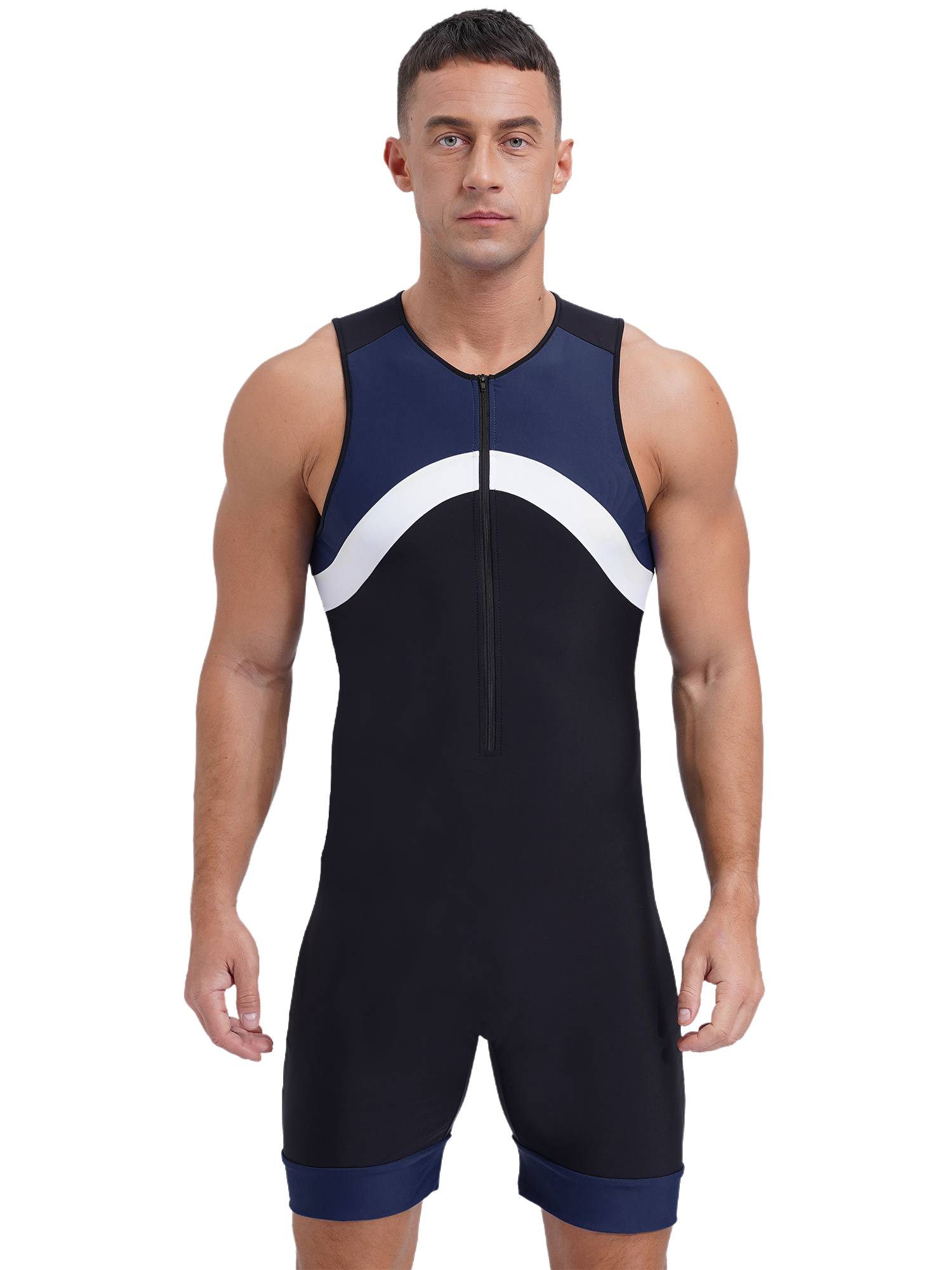 Men Sleeveless Colorblock Zipper Slim Fit Jumpsuit for Cycling