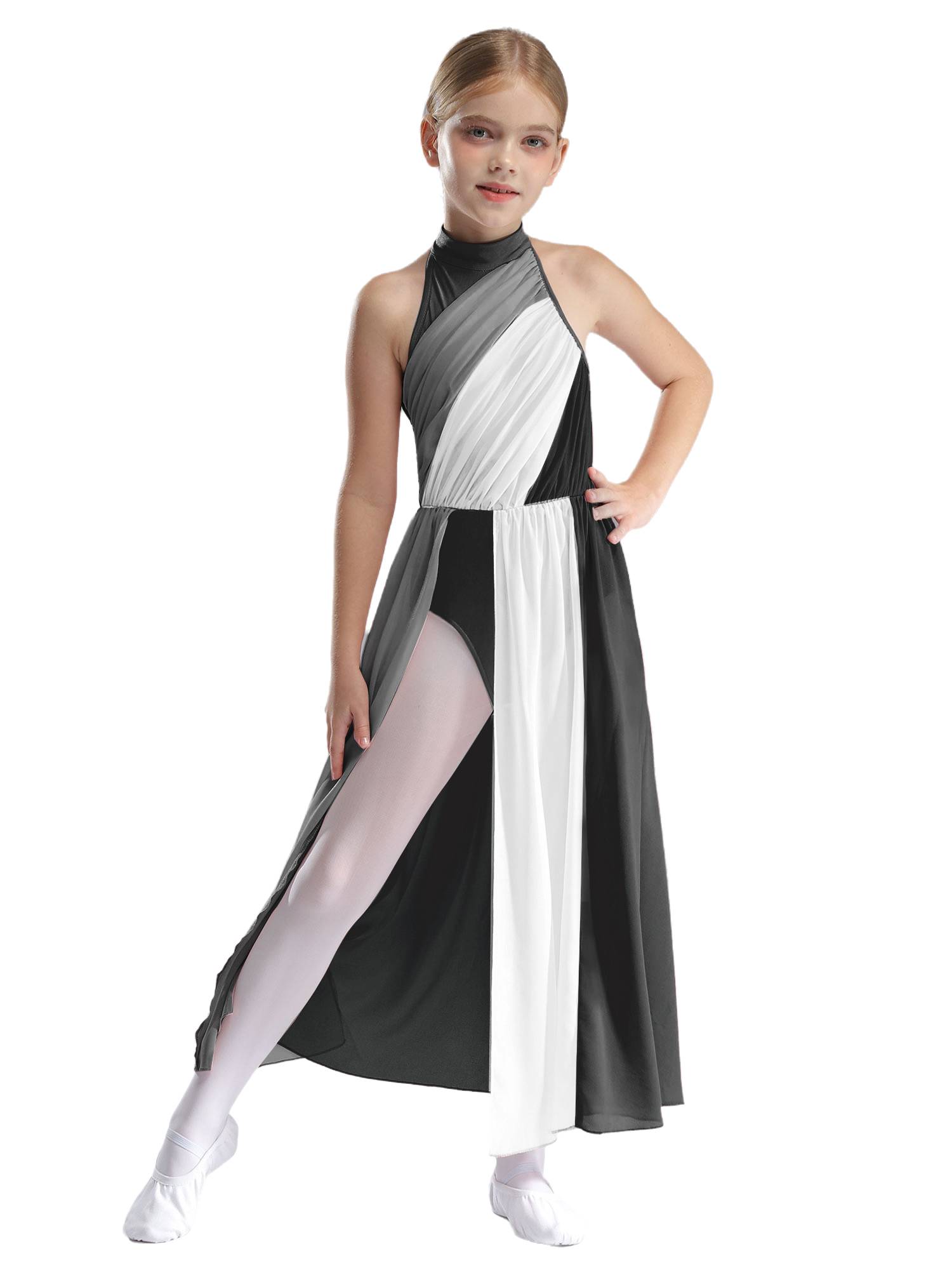 Kids Girls Sleeveless Colorblock Side Slit Chiffon Maxi Dress for Lyrical Dance
