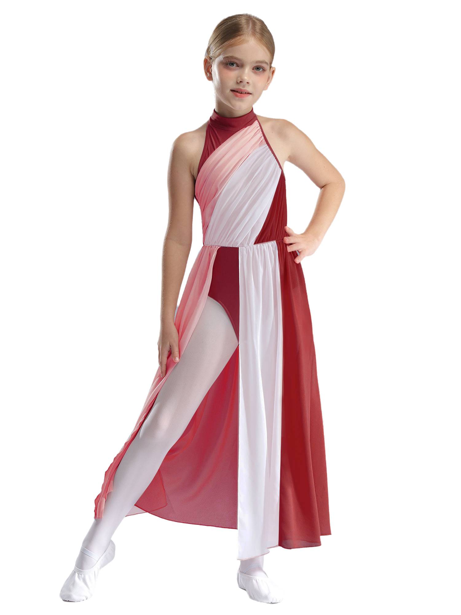 Kids Girls Sleeveless Colorblock Side Slit Chiffon Maxi Dress for Lyrical Dance