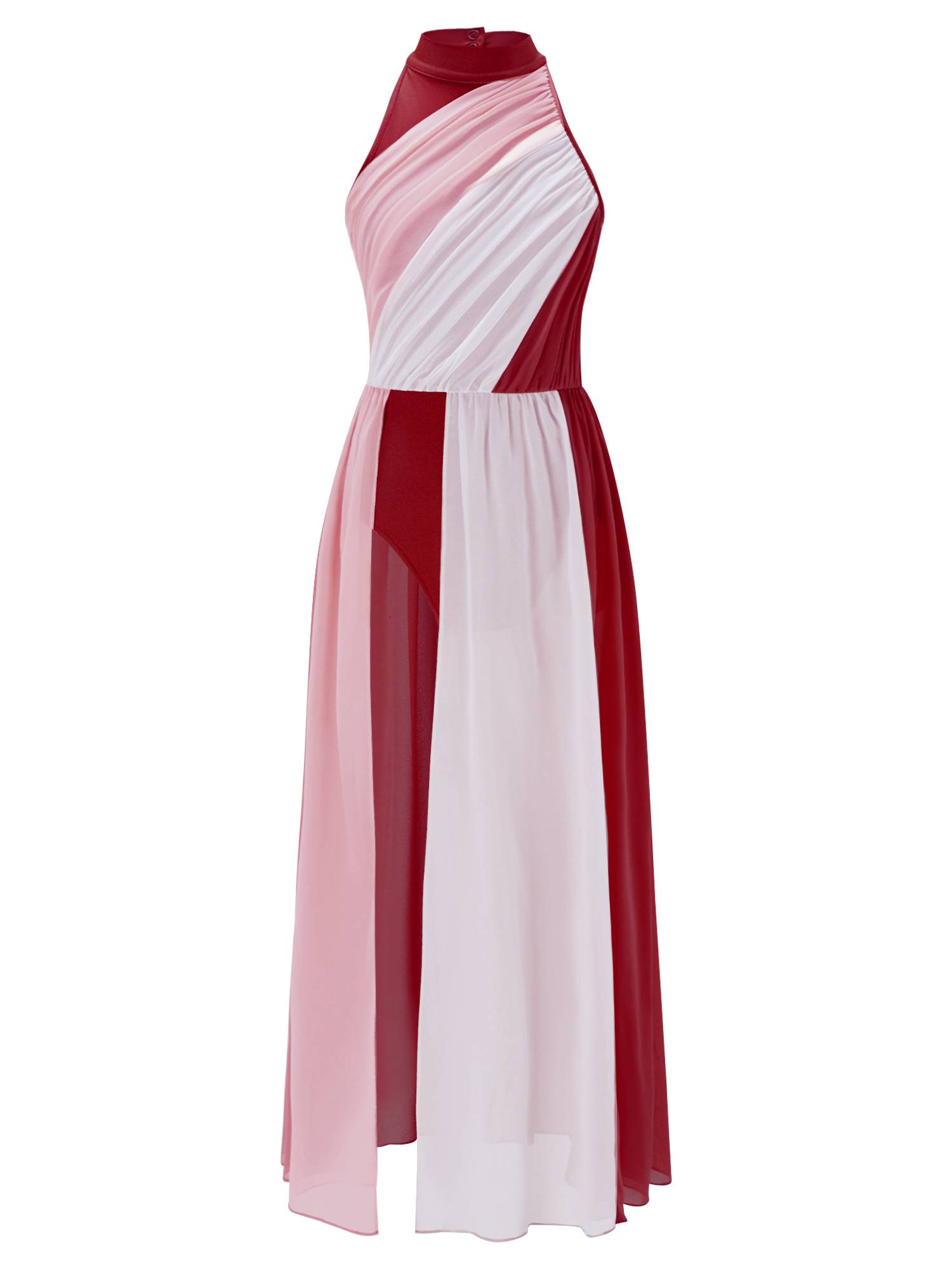 Kids Girls Sleeveless Colorblock Side Slit Chiffon Maxi Dress for Lyrical Dance