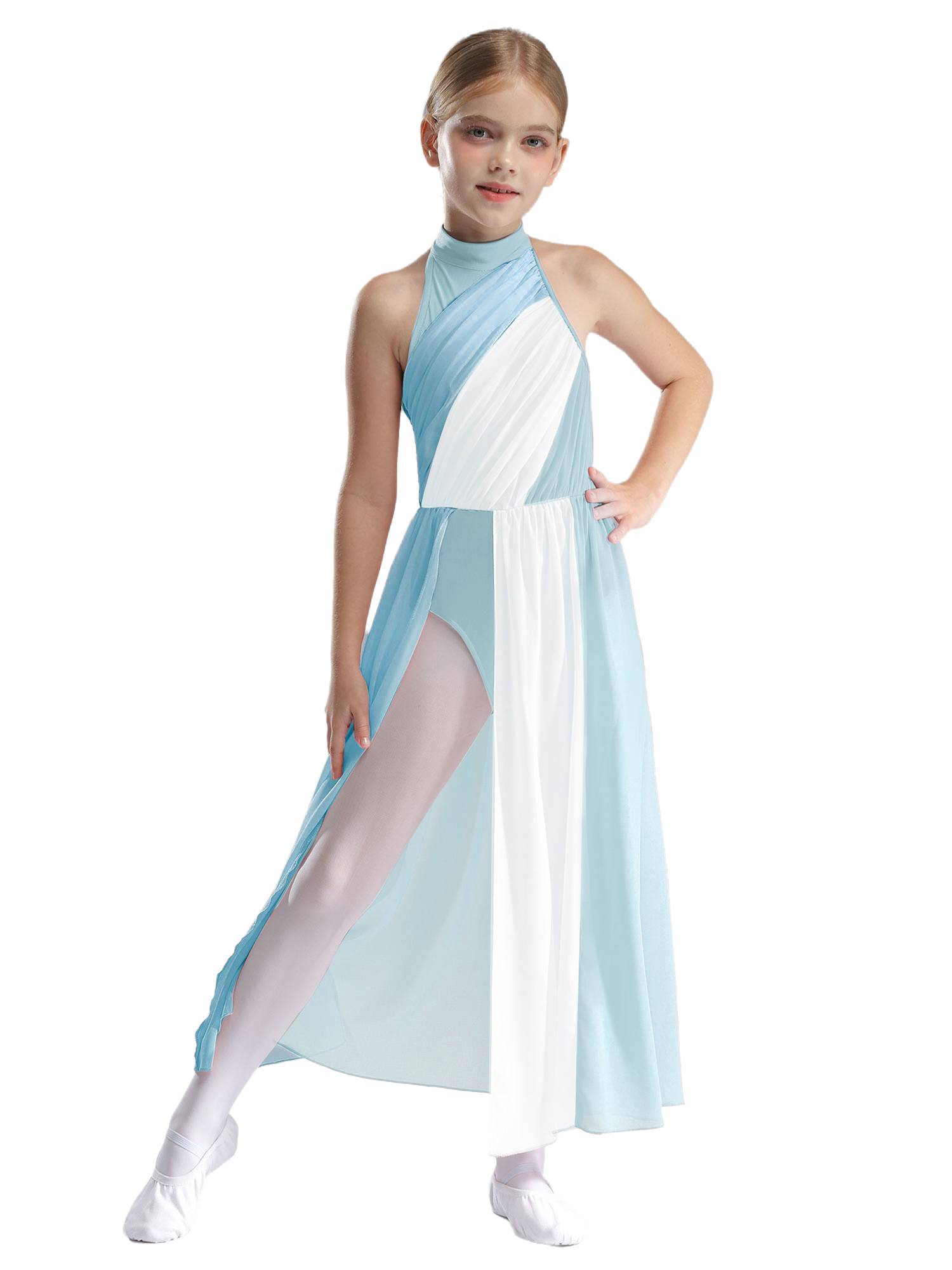 Kids Girls Sleeveless Colorblock Side Slit Chiffon Maxi Dress for Lyrical Dance