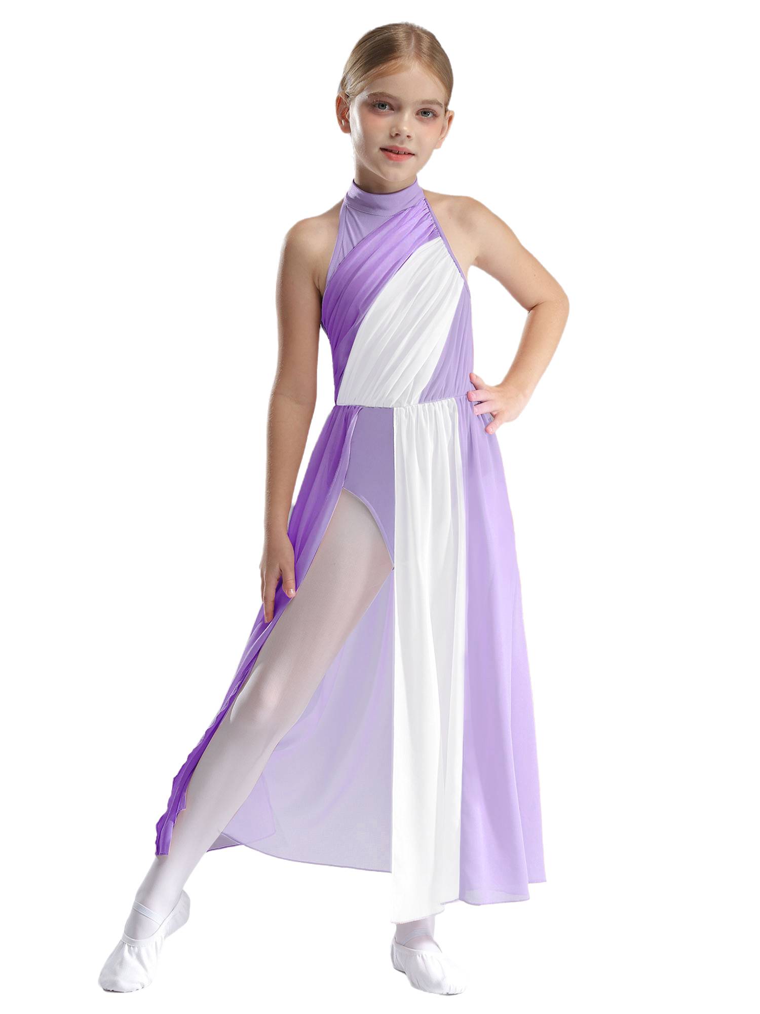 Kids Girls Sleeveless Colorblock Side Slit Chiffon Maxi Dress for Lyrical Dance