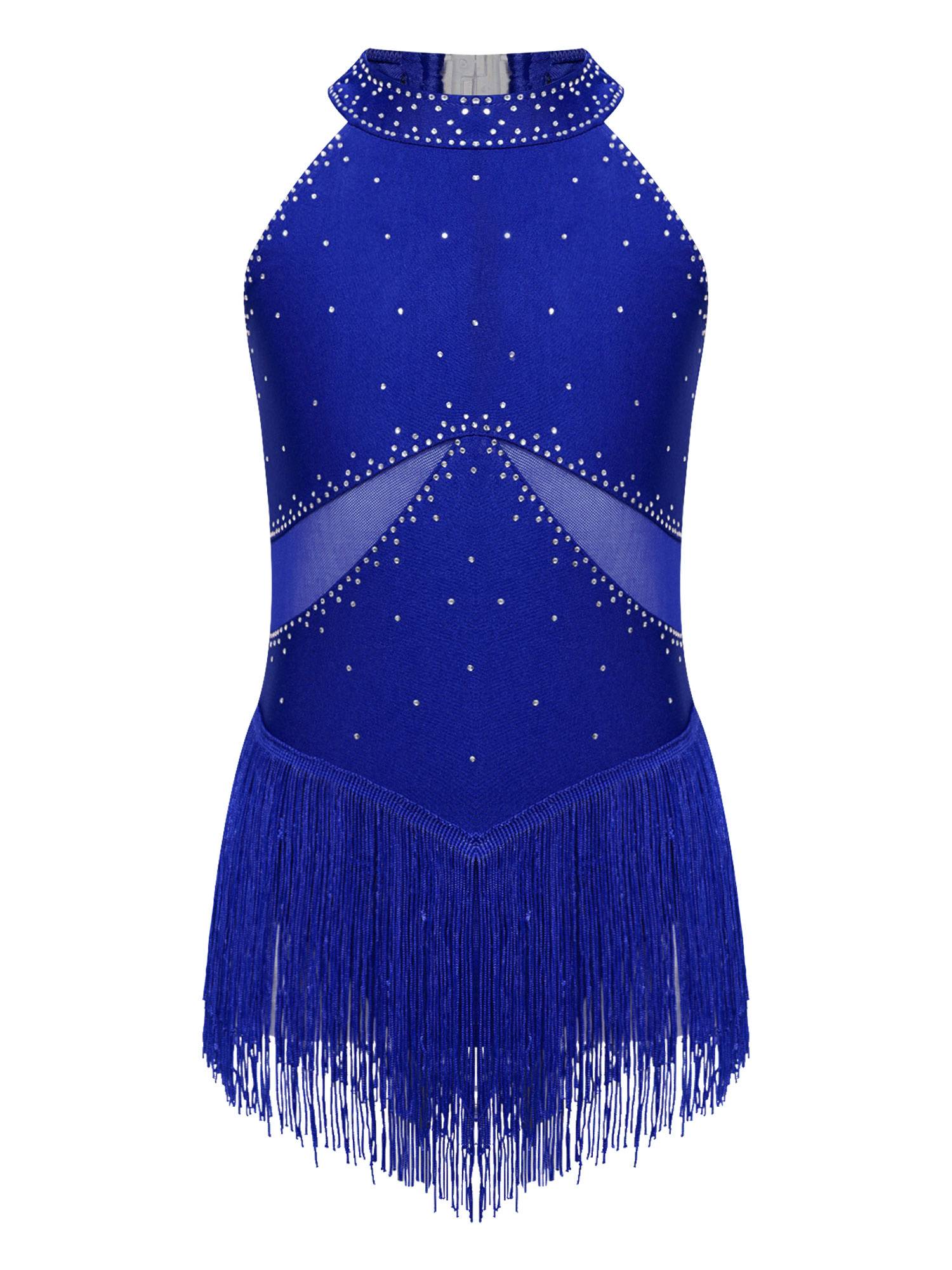 Kids Girls Glittery Rhinestones Halter Neck Tassel Figure Skating Leotard
