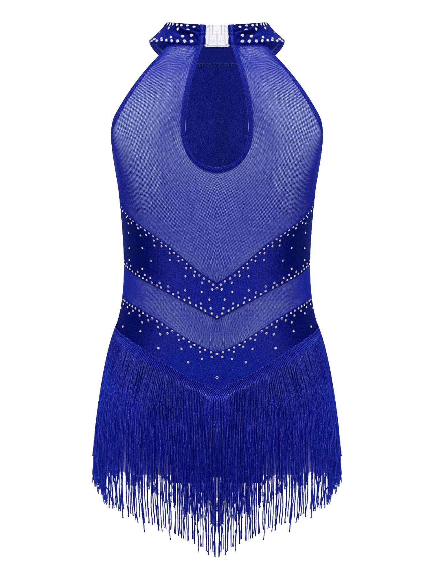 Kids Girls Glittery Rhinestones Halter Neck Tassel Figure Skating Leotard