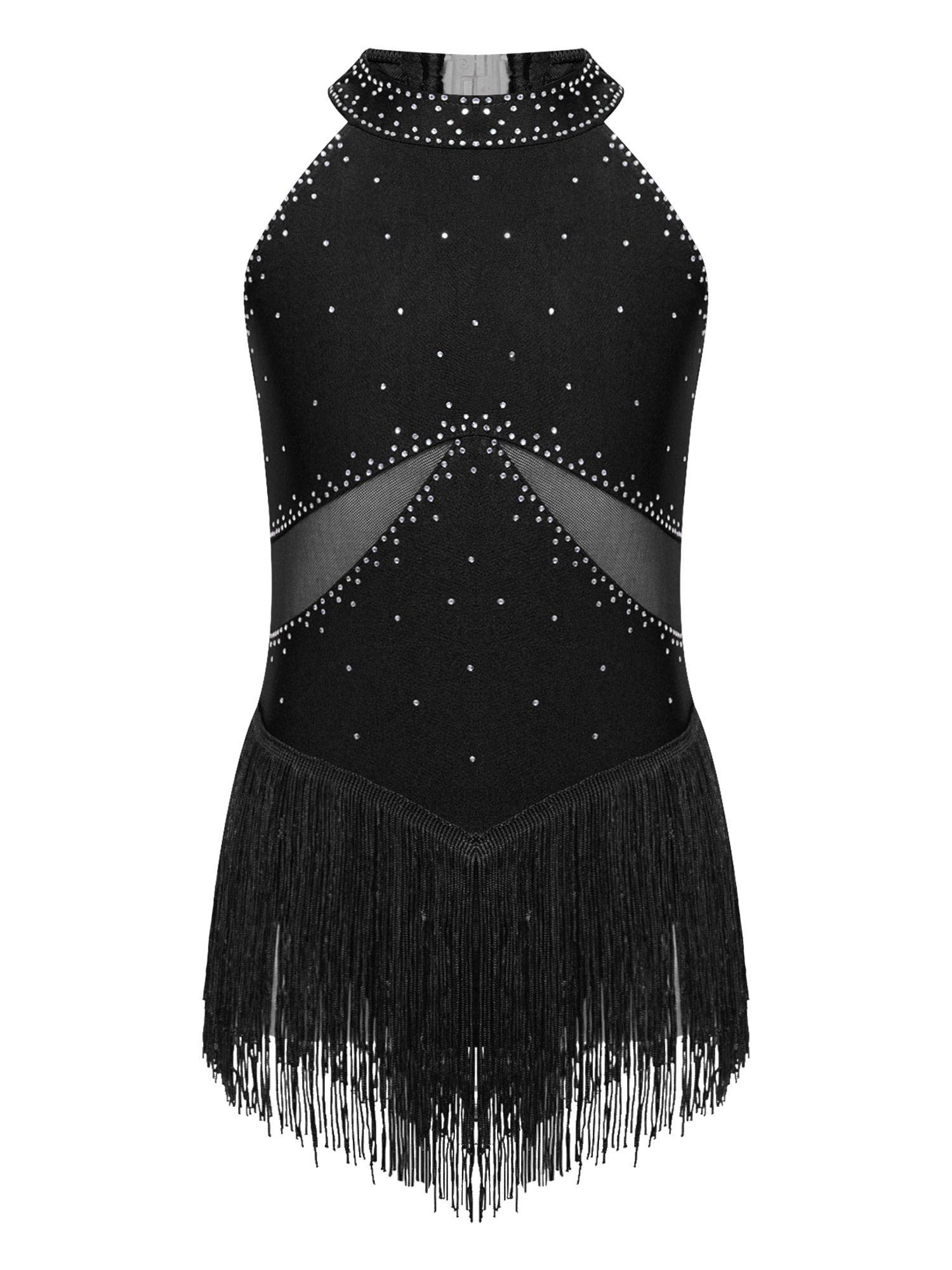 Kids Girls Glittery Rhinestones Halter Neck Tassel Figure Skating Leotard