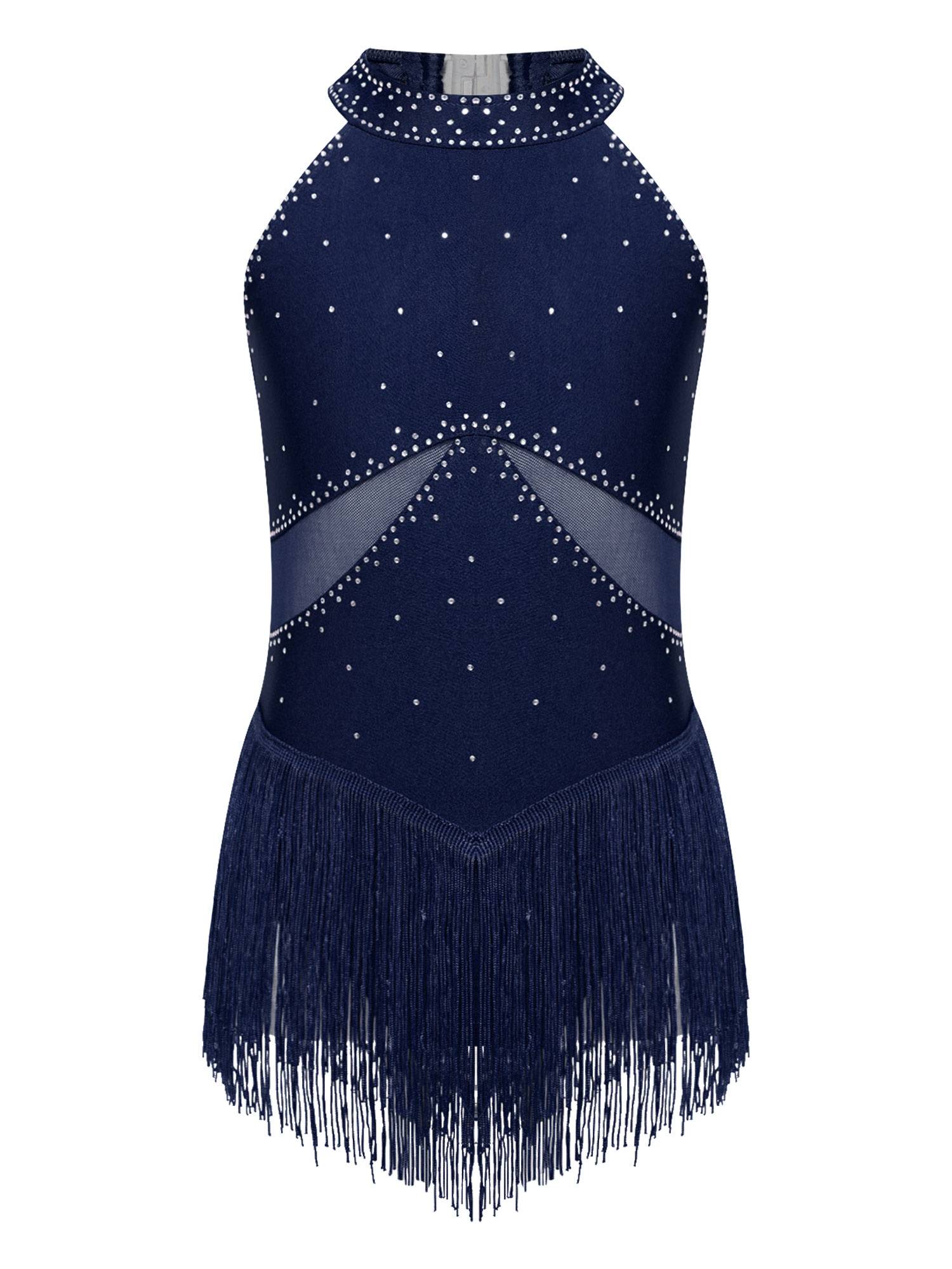 Kids Girls Glittery Rhinestones Halter Neck Tassel Figure Skating Leotard