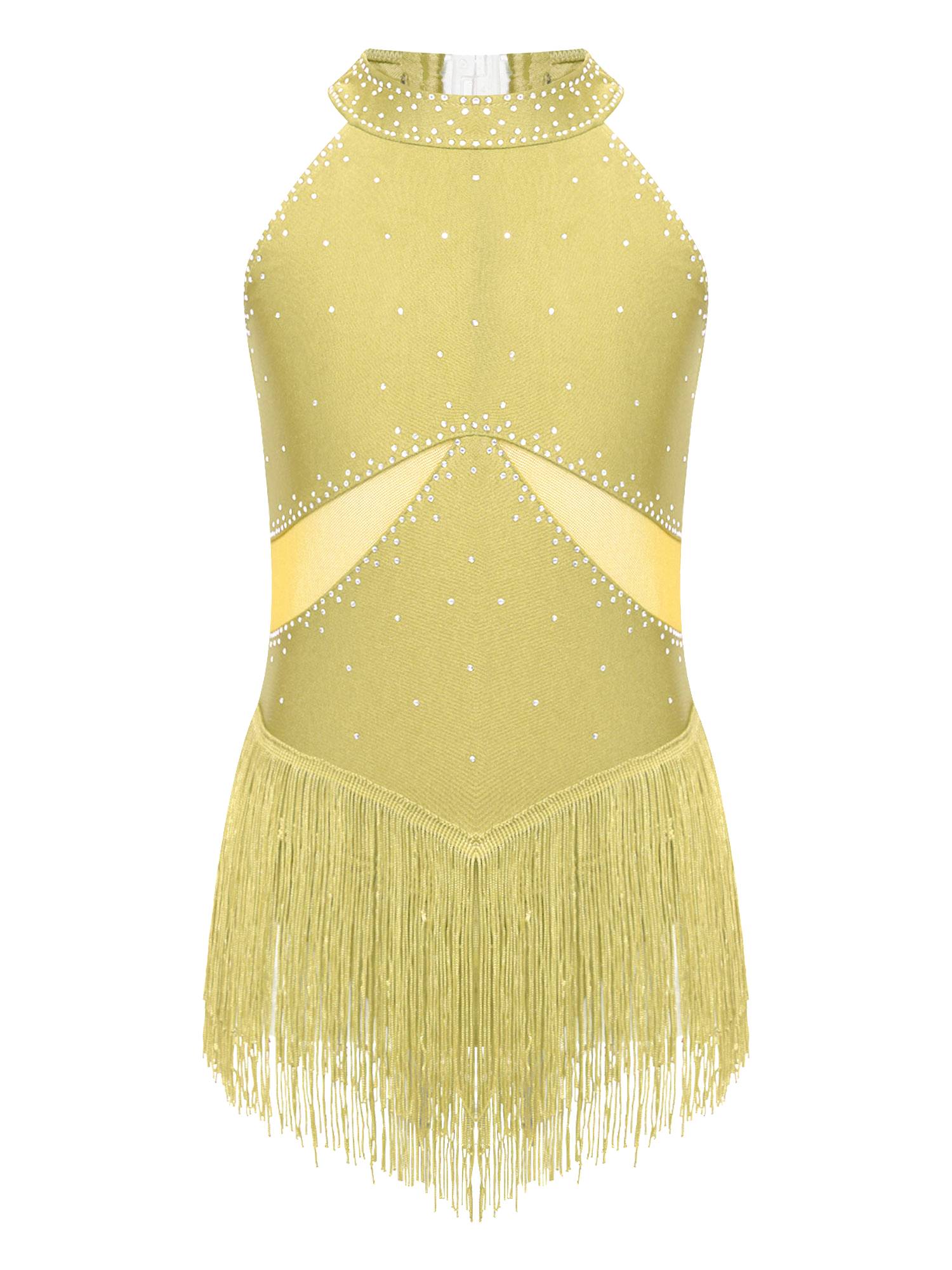 Kids Girls Glittery Rhinestones Halter Neck Tassel Figure Skating Leotard