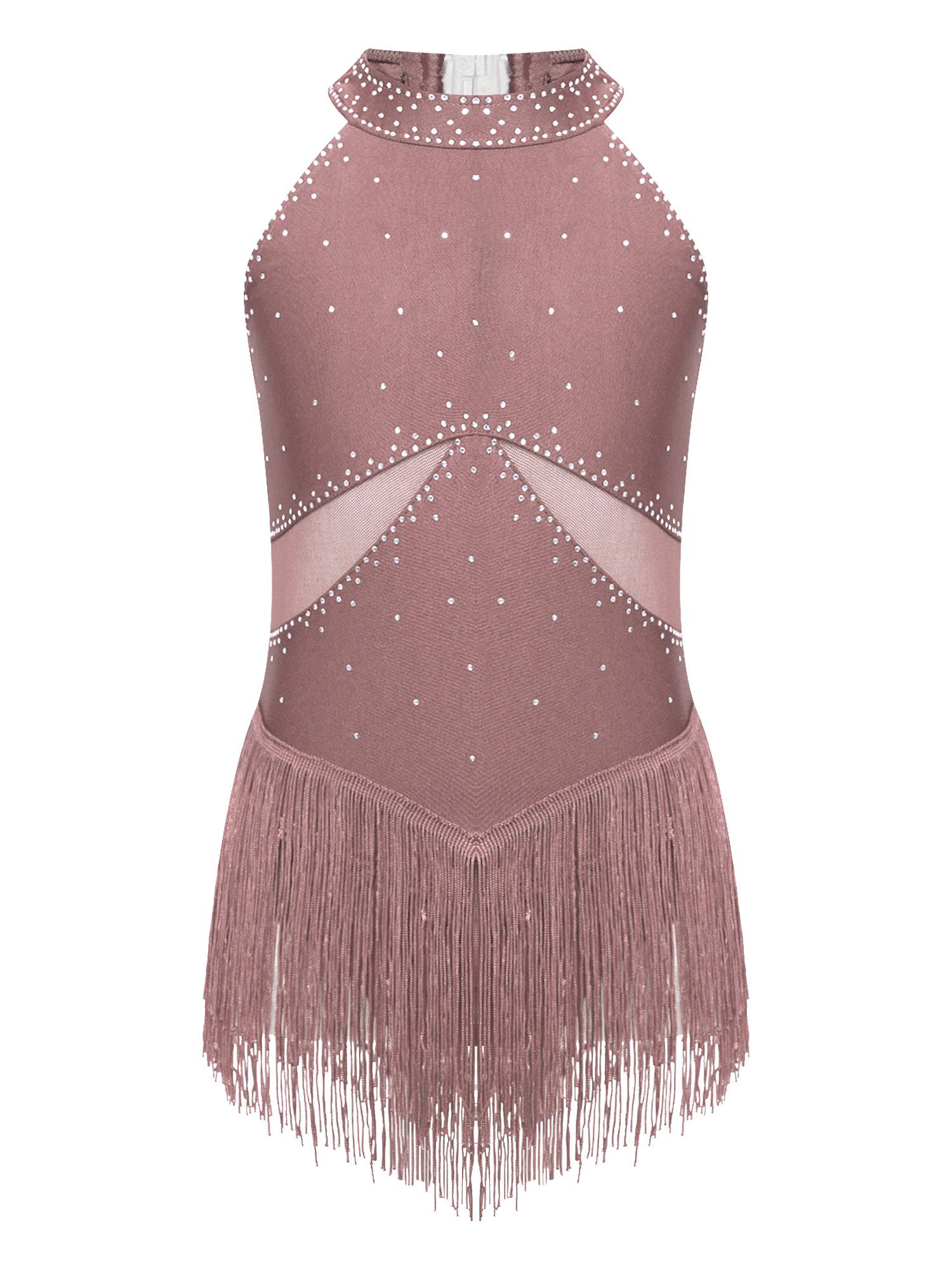 Kids Girls Glittery Rhinestones Halter Neck Tassel Figure Skating Leotard