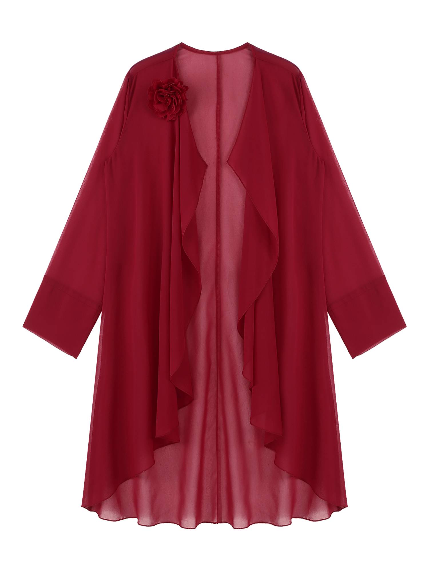 Women Long Sleeve 3D Flower Brooch Chiffon Open Front Long Bolero