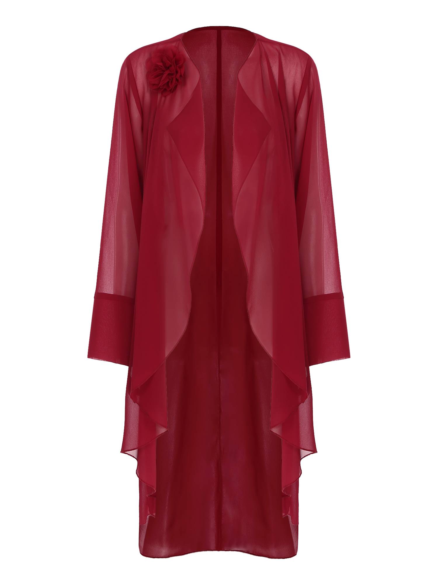 Women Long Sleeve 3D Flower Brooch Chiffon Open Front Long Bolero