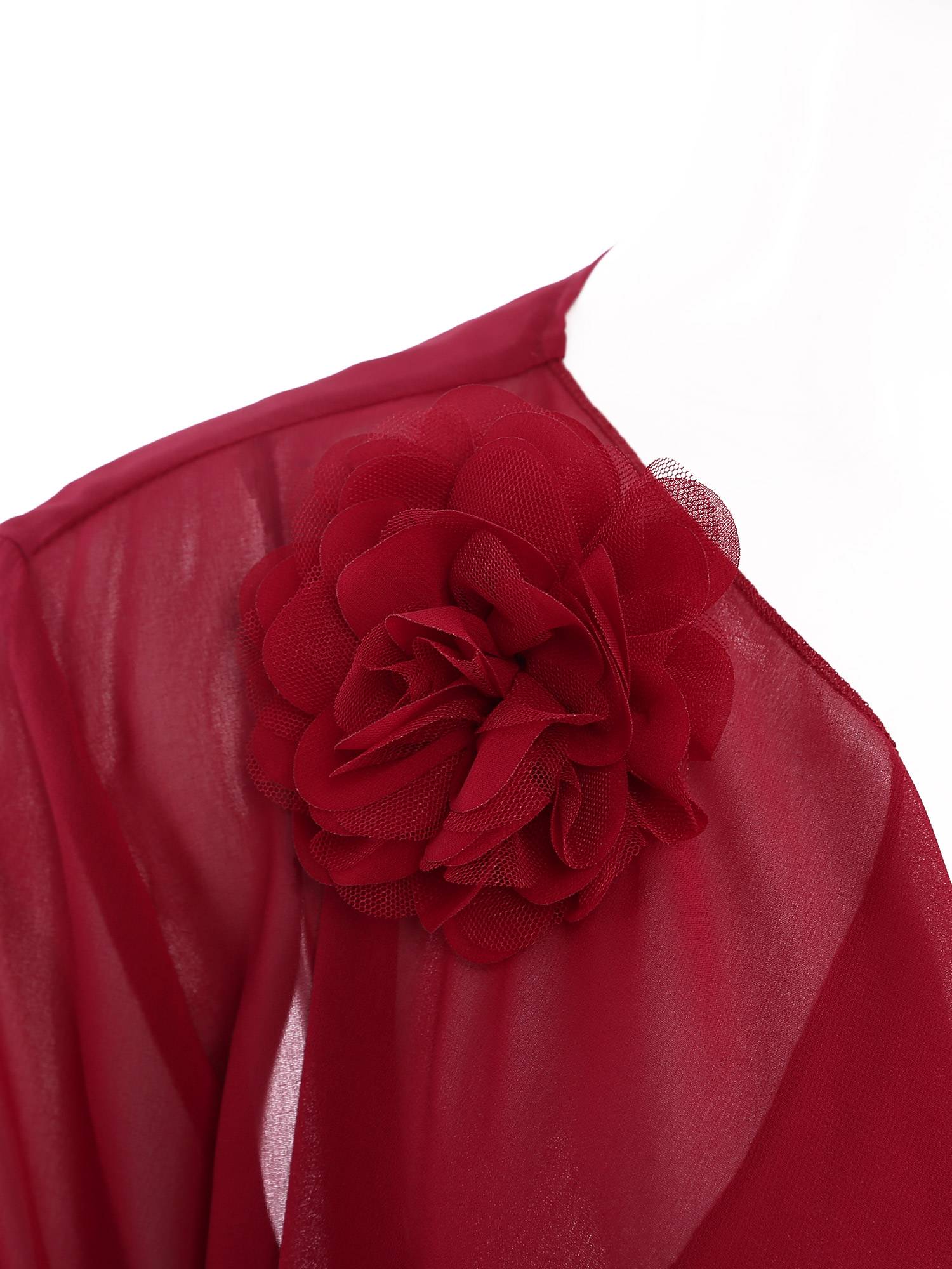 Women Long Sleeve 3D Flower Brooch Chiffon Open Front Long Bolero