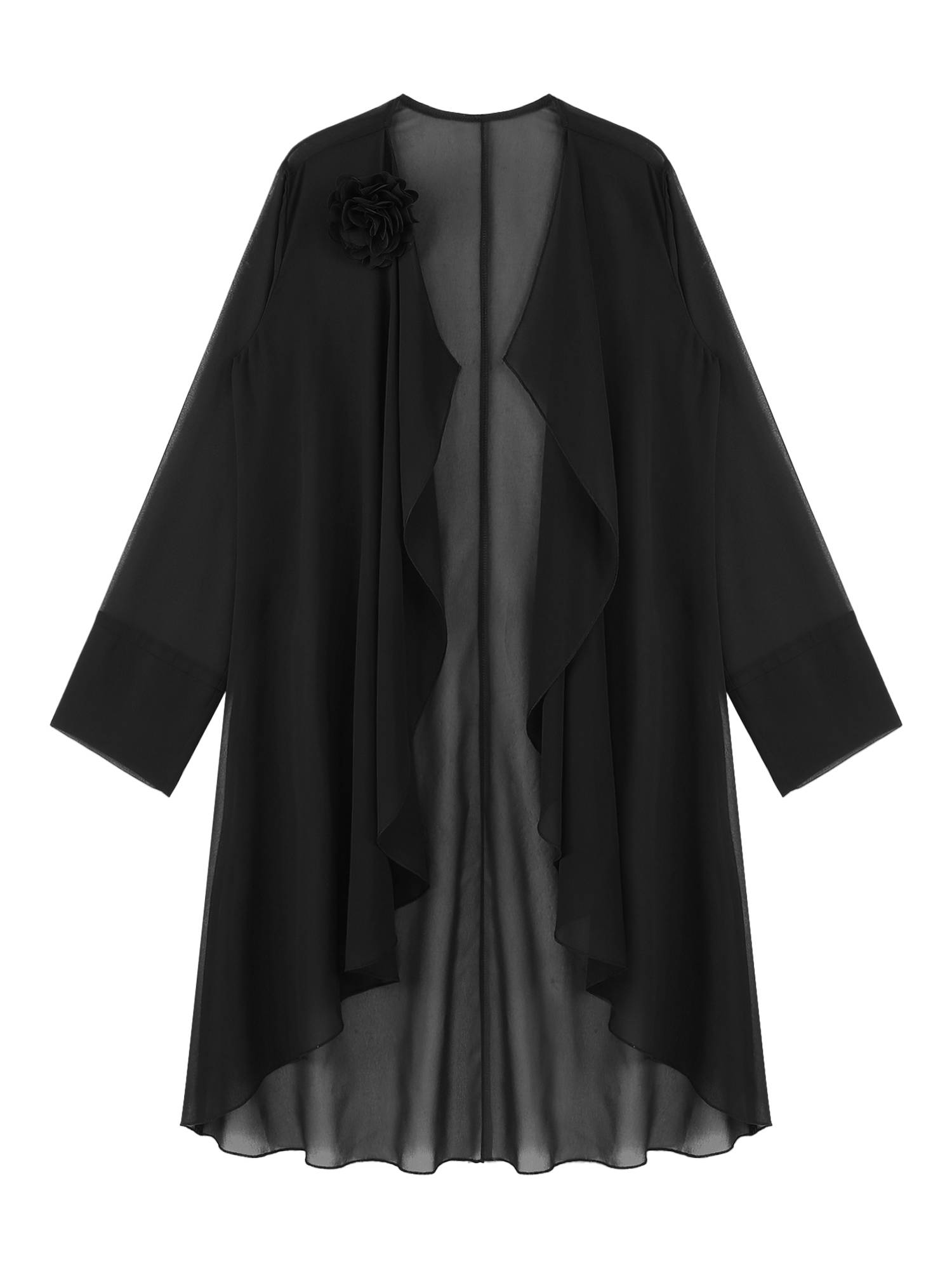 Women Long Sleeve 3D Flower Brooch Chiffon Open Front Long Bolero