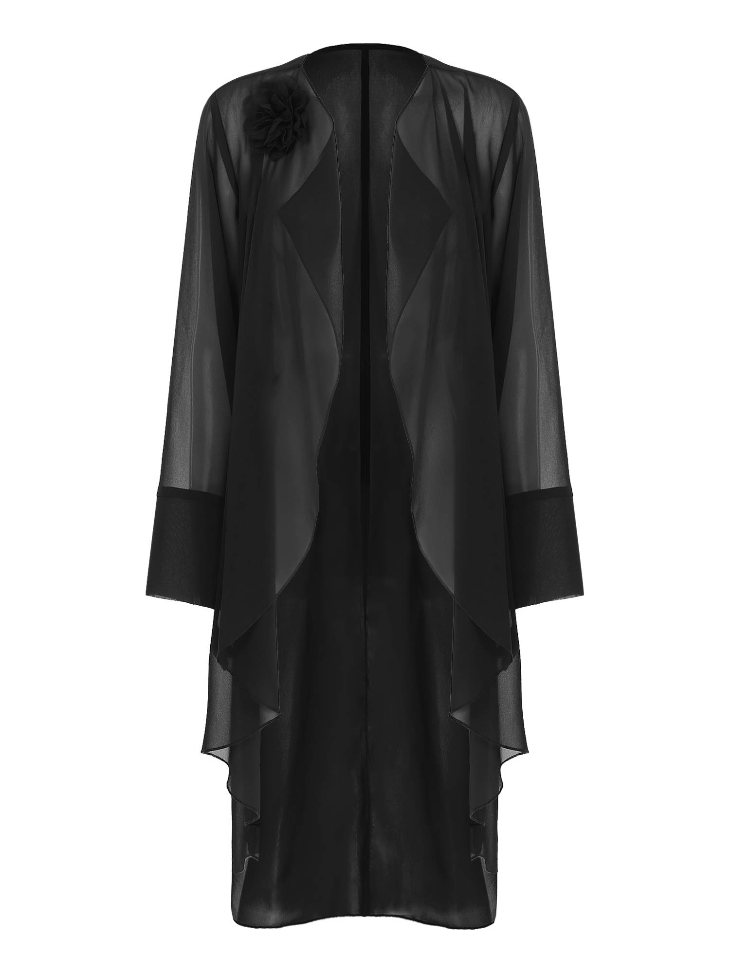 Women Long Sleeve 3D Flower Brooch Chiffon Open Front Long Bolero