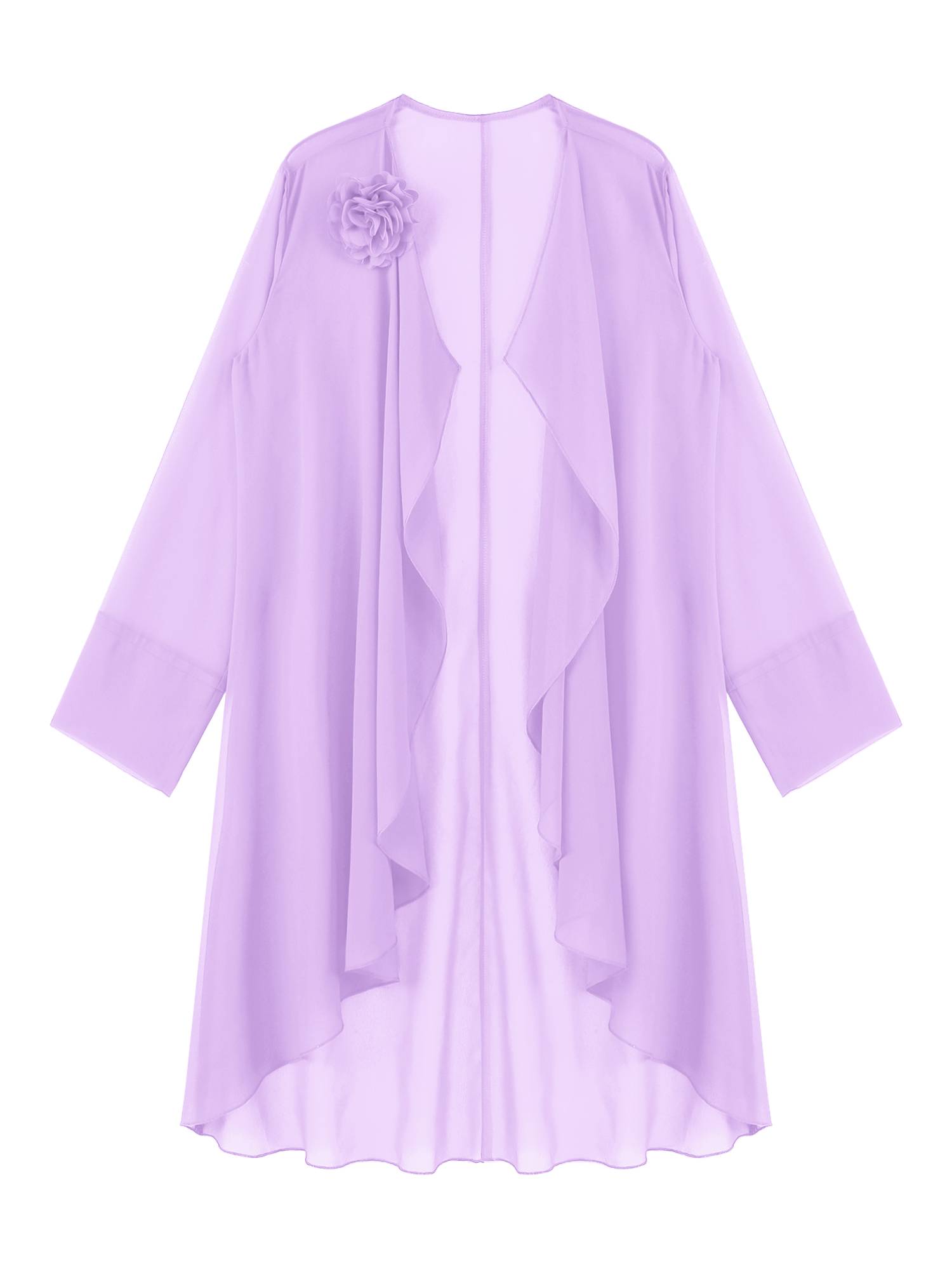 Women Long Sleeve 3D Flower Brooch Chiffon Open Front Long Bolero