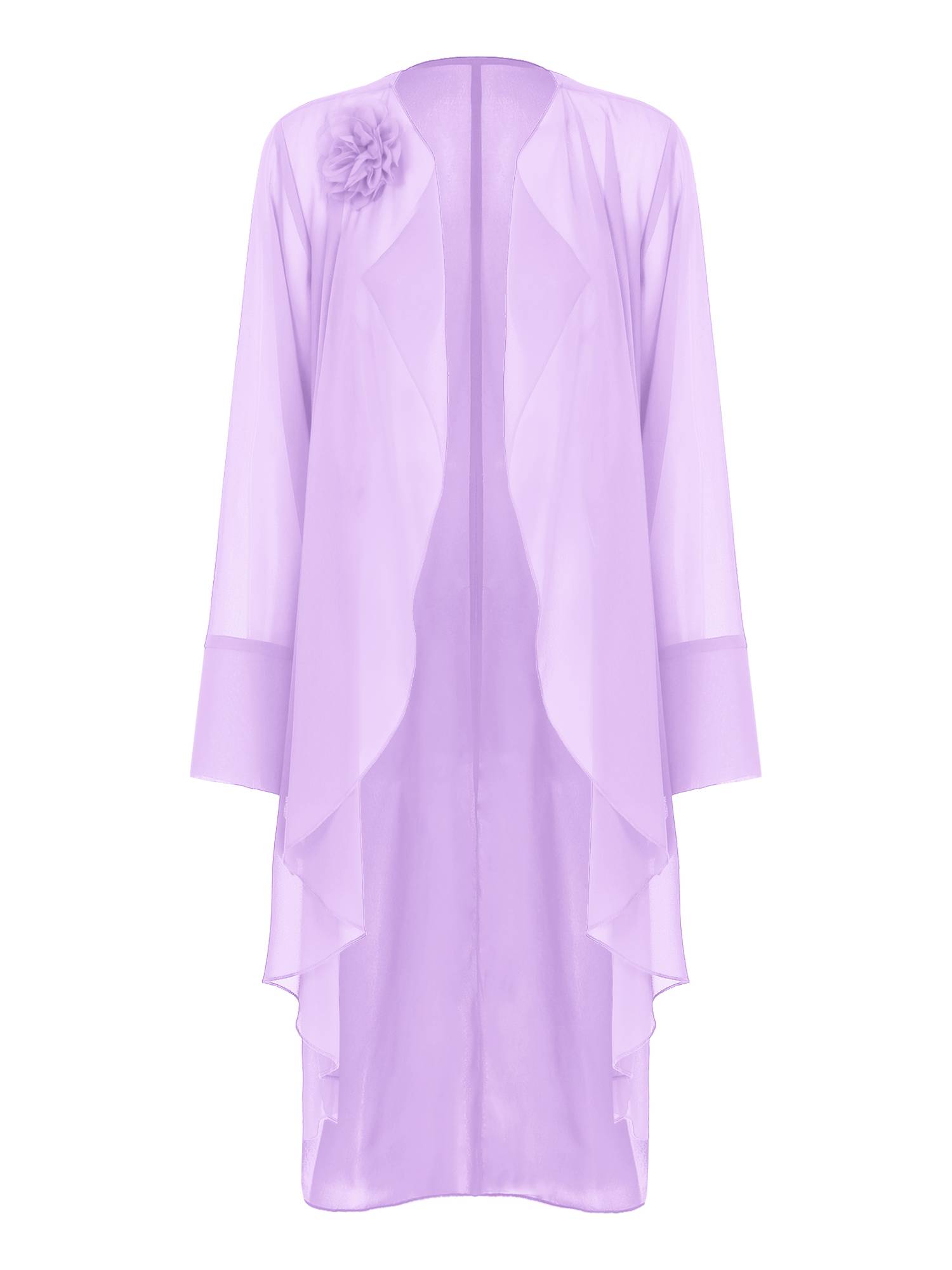 Women Long Sleeve 3D Flower Brooch Chiffon Open Front Long Bolero