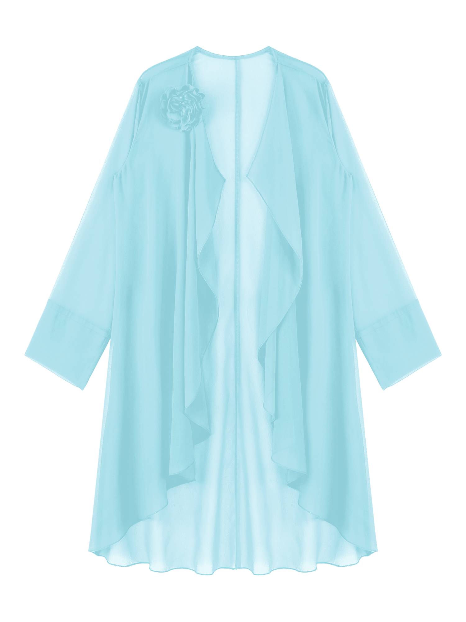 Women Long Sleeve 3D Flower Brooch Chiffon Open Front Long Bolero