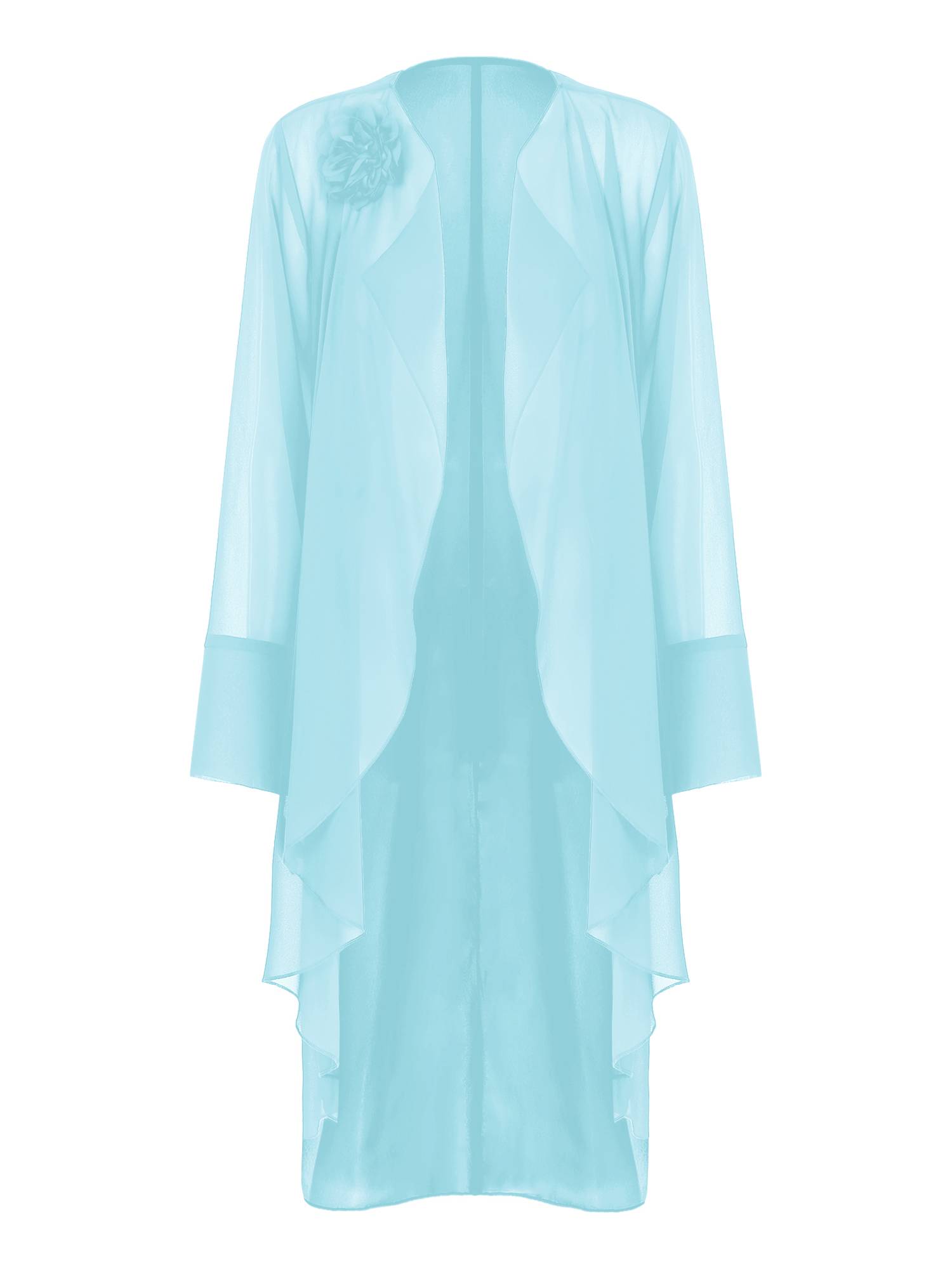 Women Long Sleeve 3D Flower Brooch Chiffon Open Front Long Bolero