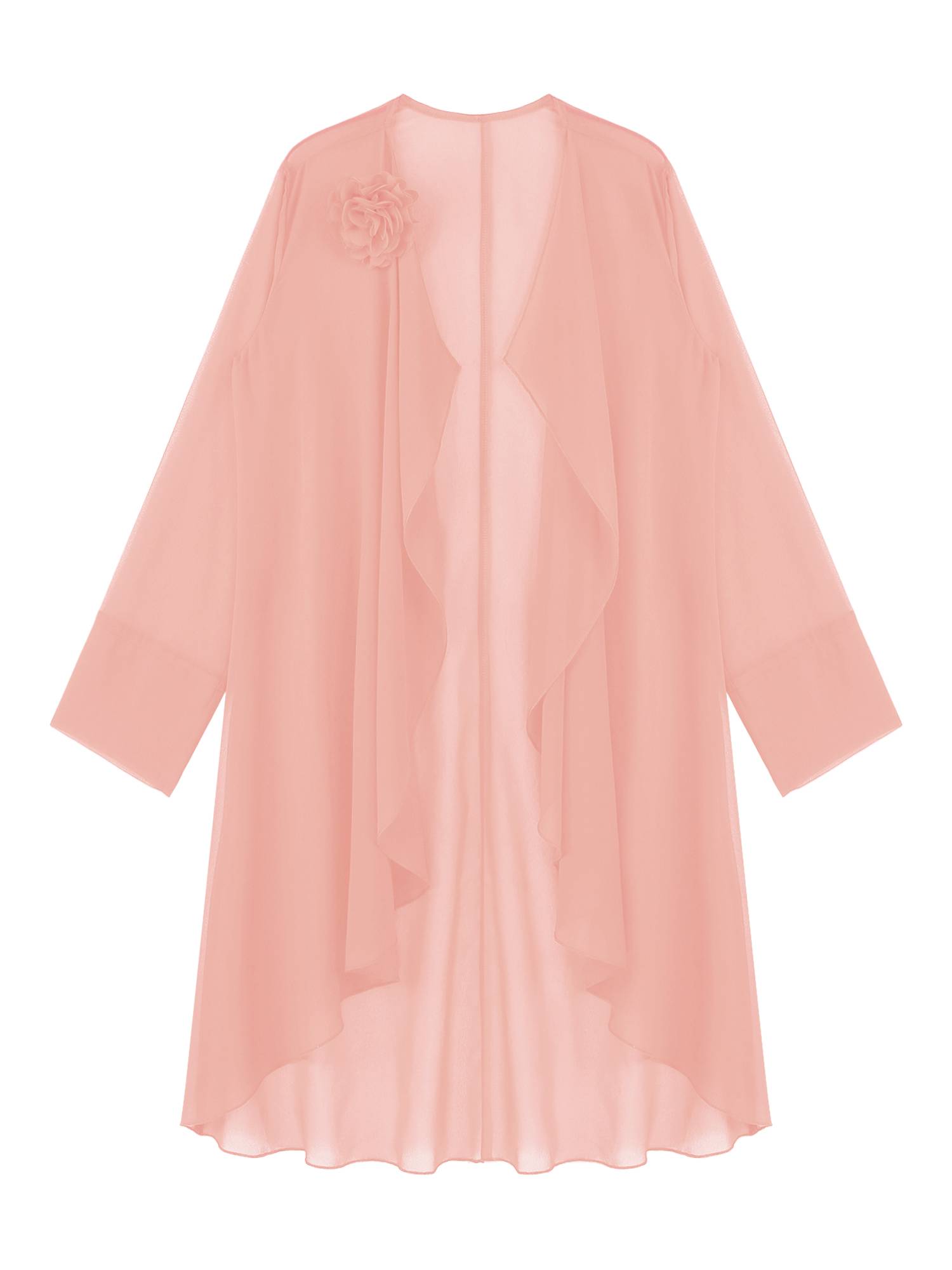 Women Long Sleeve 3D Flower Brooch Chiffon Open Front Long Bolero