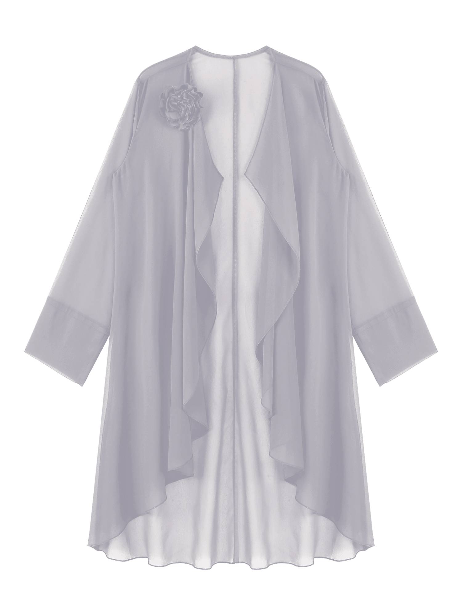 Women Long Sleeve 3D Flower Brooch Chiffon Open Front Long Bolero