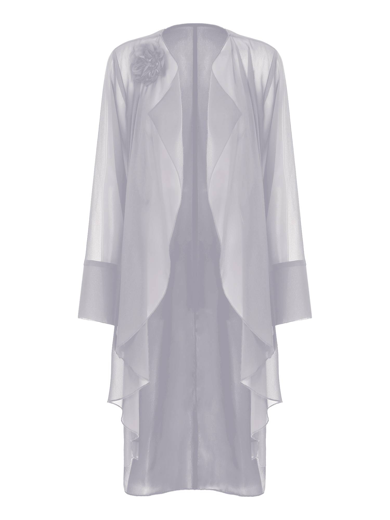 Women Long Sleeve 3D Flower Brooch Chiffon Open Front Long Bolero