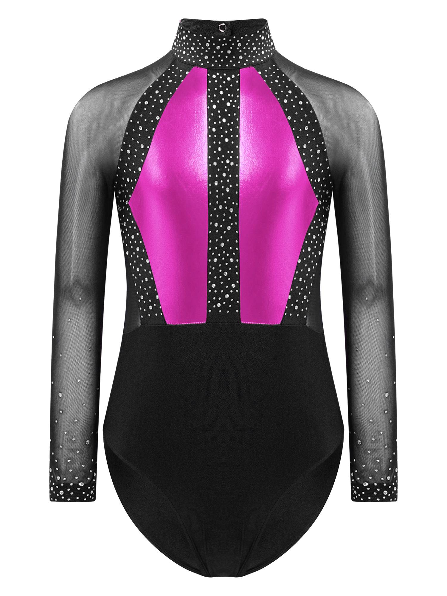 Kids Girls Shiny Rhinestones Color Block Mesh Long Sleeve Gymnastic Leotard
