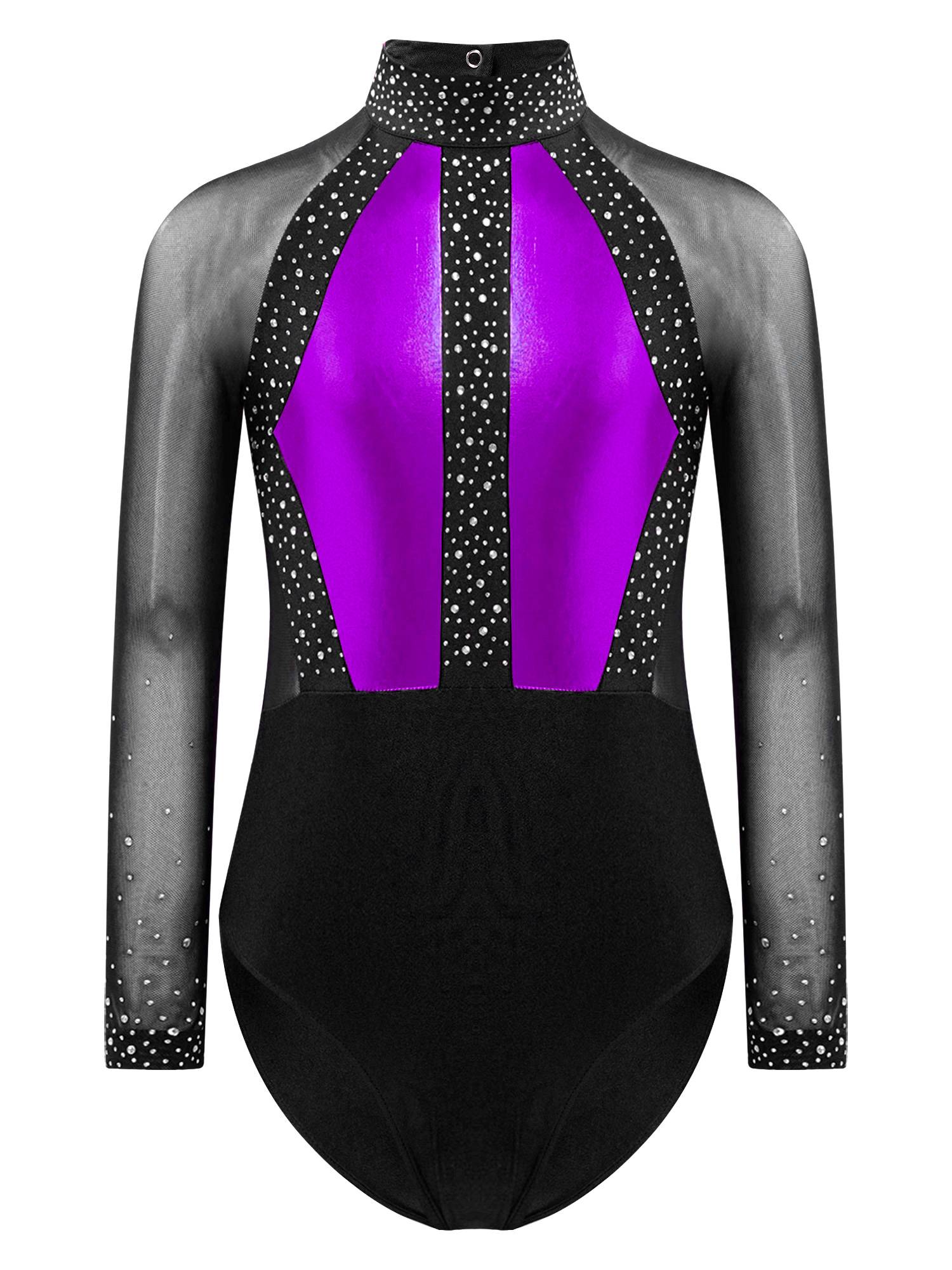 Kids Girls Shiny Rhinestones Color Block Mesh Long Sleeve Gymnastic Leotard
