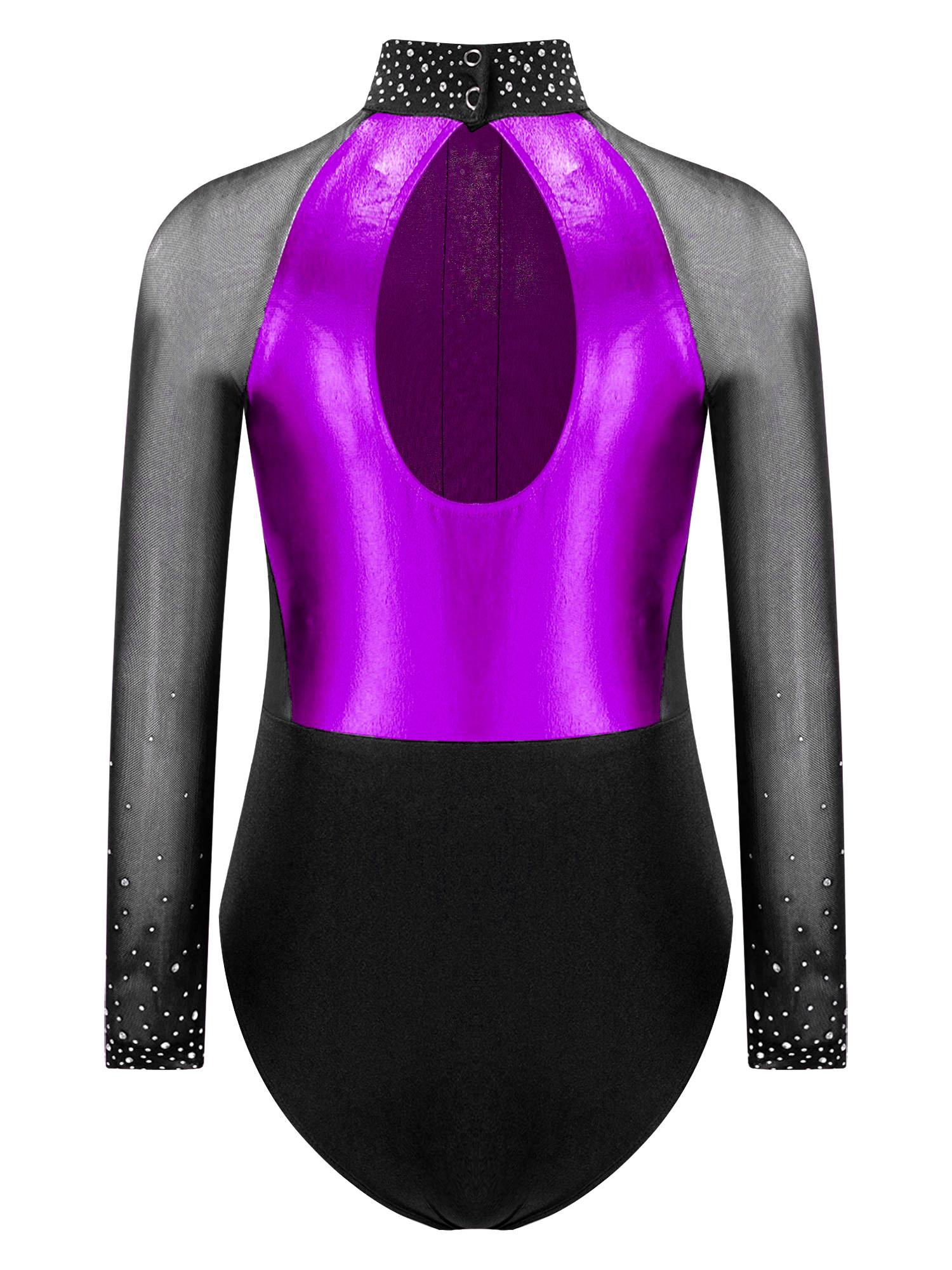Kids Girls Shiny Rhinestones Color Block Mesh Long Sleeve Gymnastic Leotard