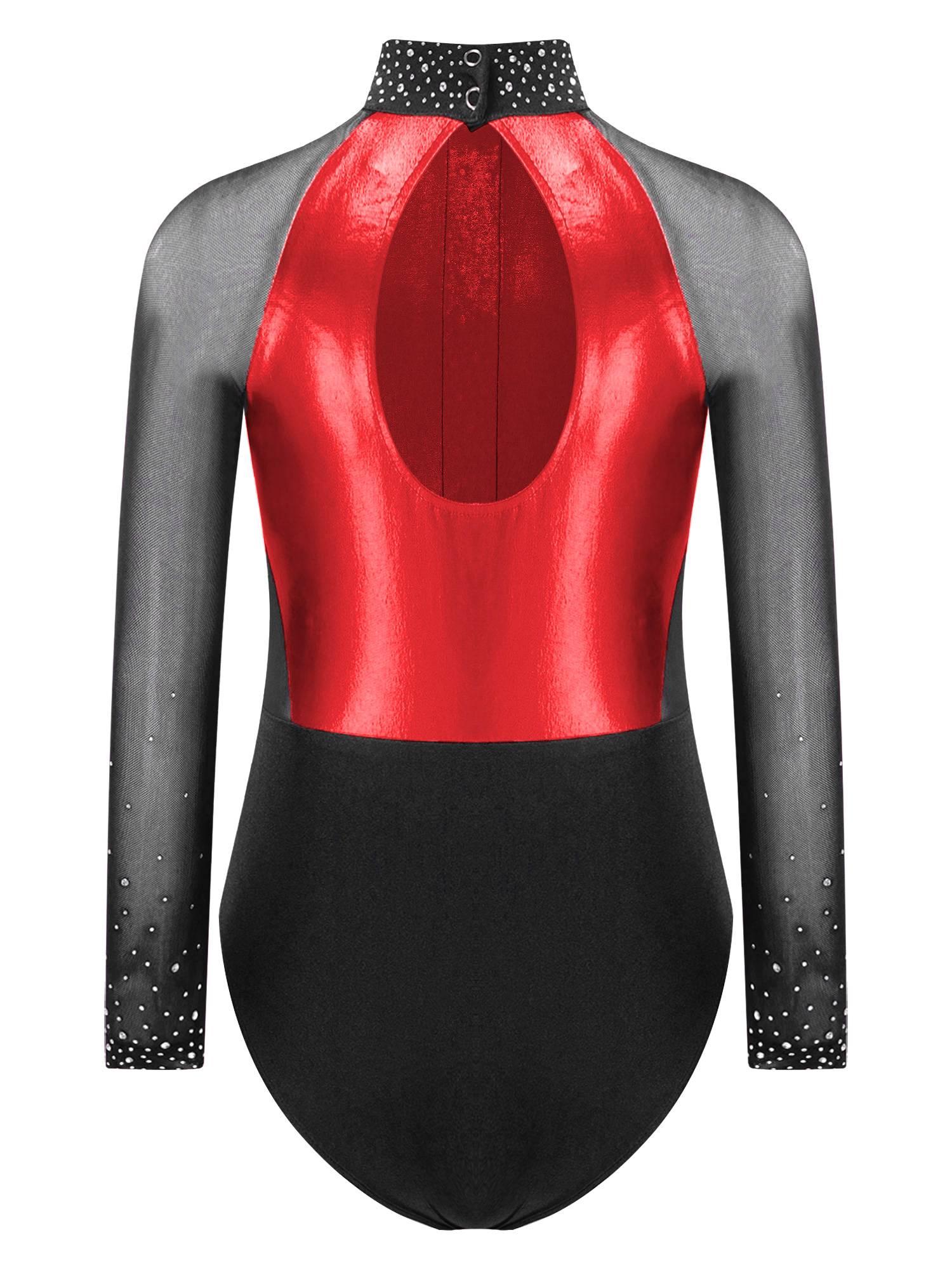 Kids Girls Shiny Rhinestones Color Block Mesh Long Sleeve Gymnastic Leotard