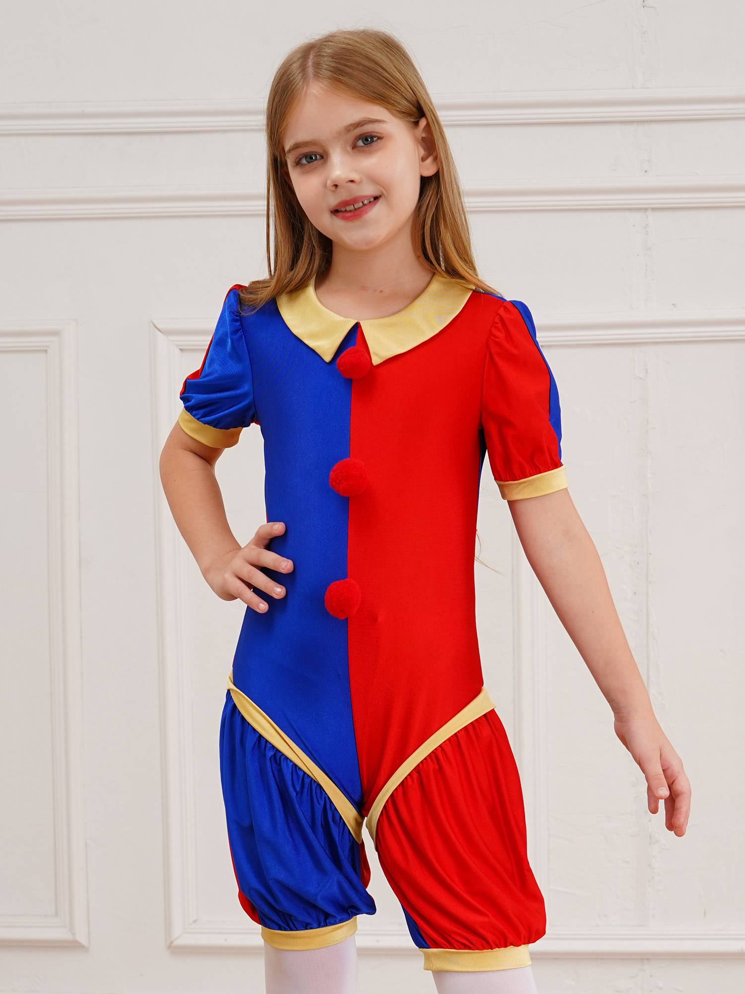 Girls Short Sleeve Pom Poms Colorblock Halloween Clown Costume Jumpsuit