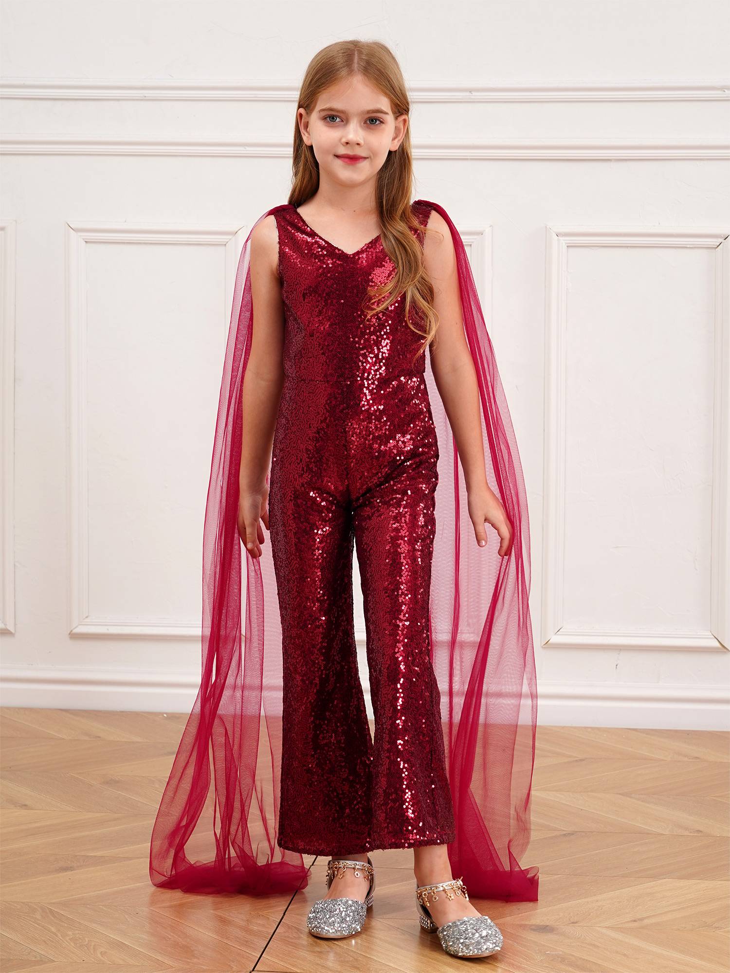 Kids Girls  Cape Sleeve Sparkly Sequined Party Jumpsuit