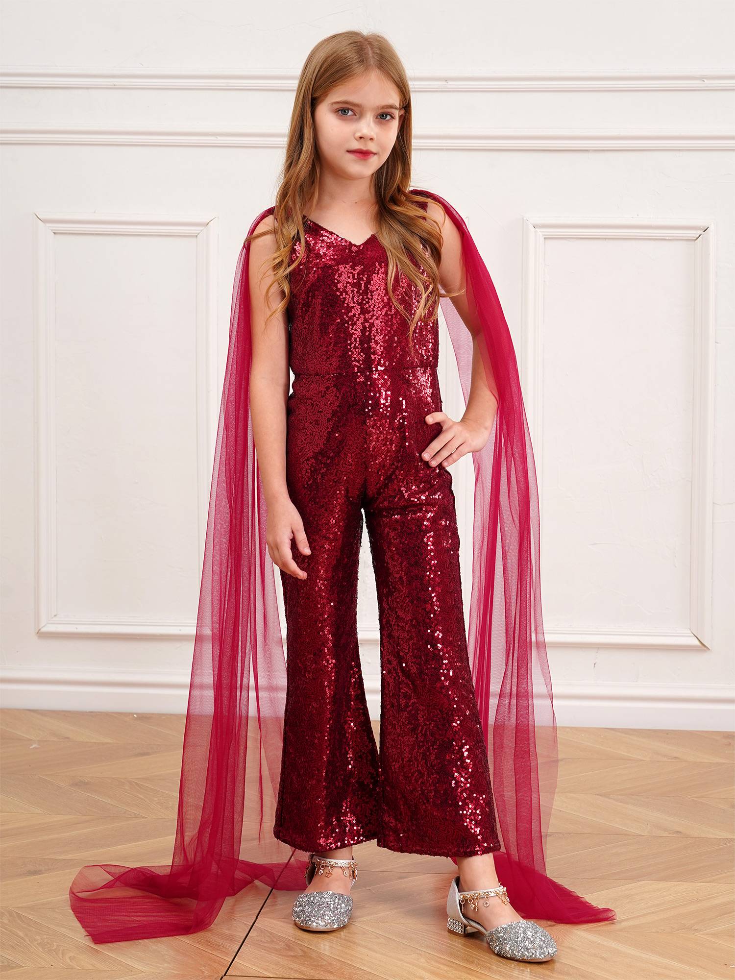 Kids Girls  Cape Sleeve Sparkly Sequined Party Jumpsuit