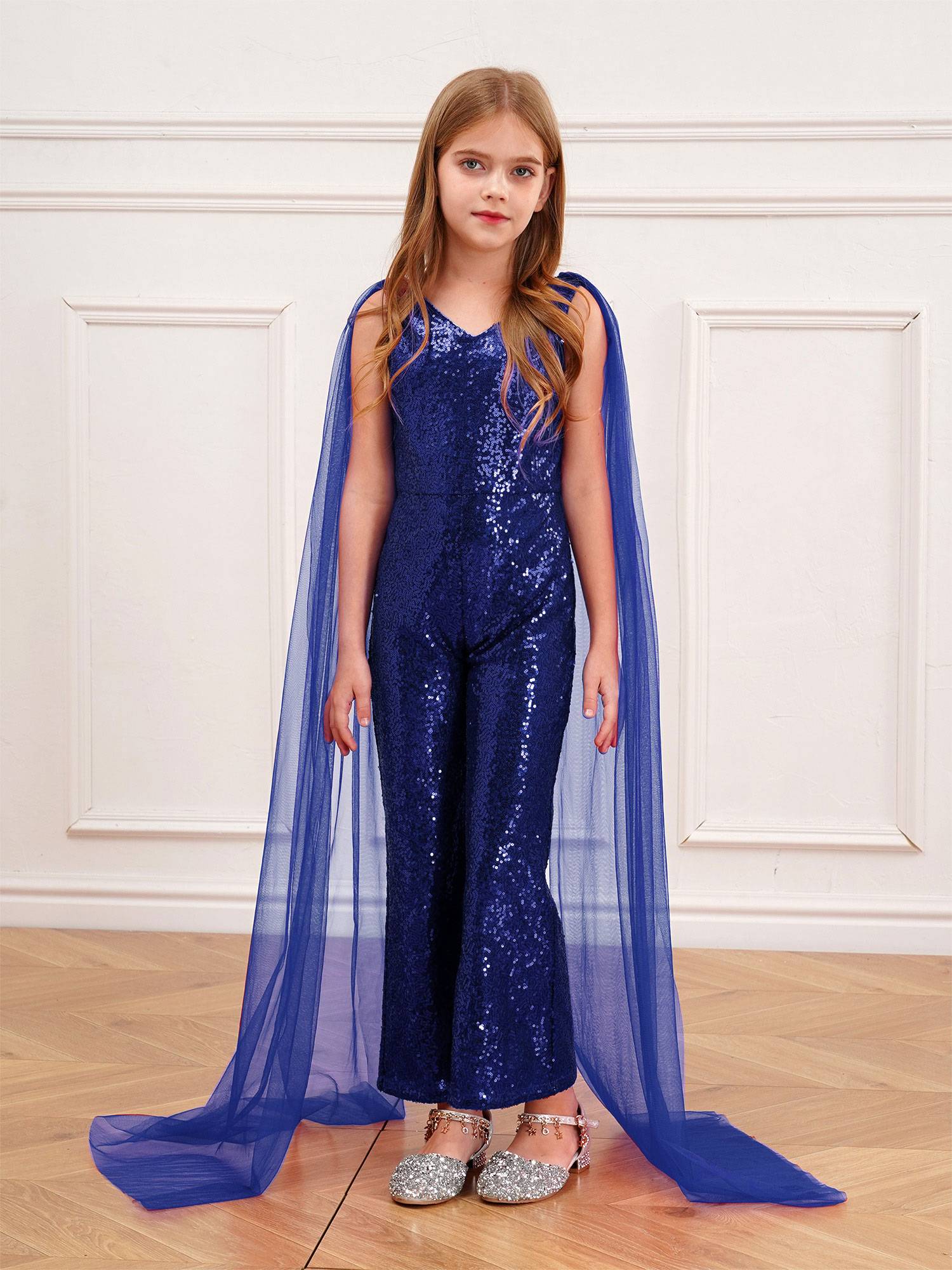 Kids Girls  Cape Sleeve Sparkly Sequined Party Jumpsuit