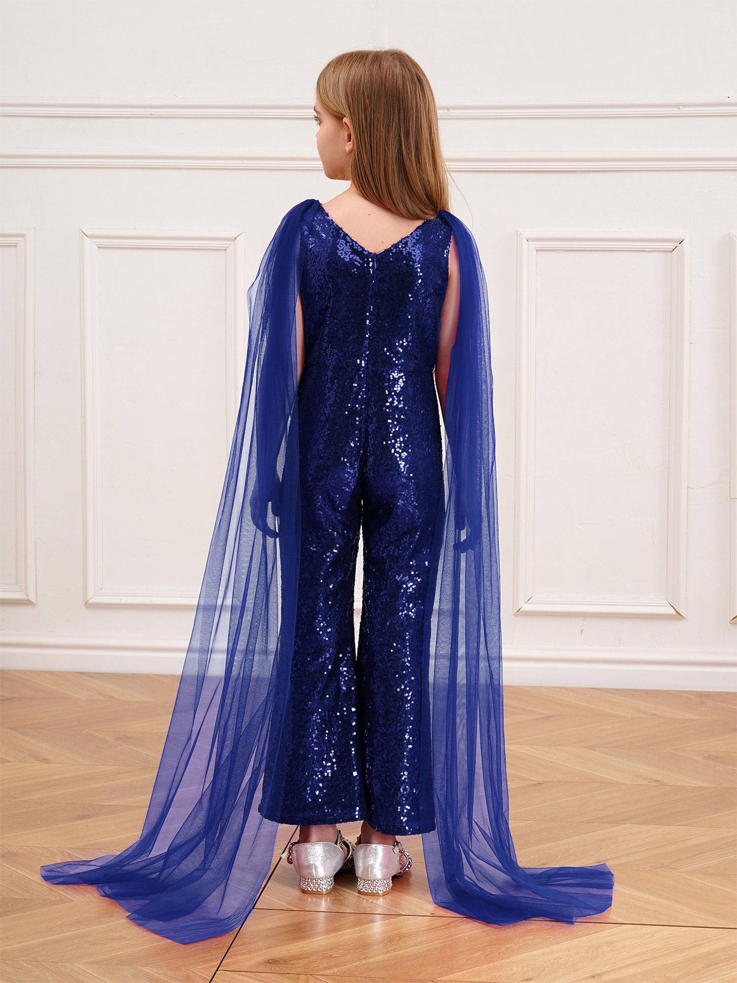 Kids Girls  Cape Sleeve Sparkly Sequined Party Jumpsuit