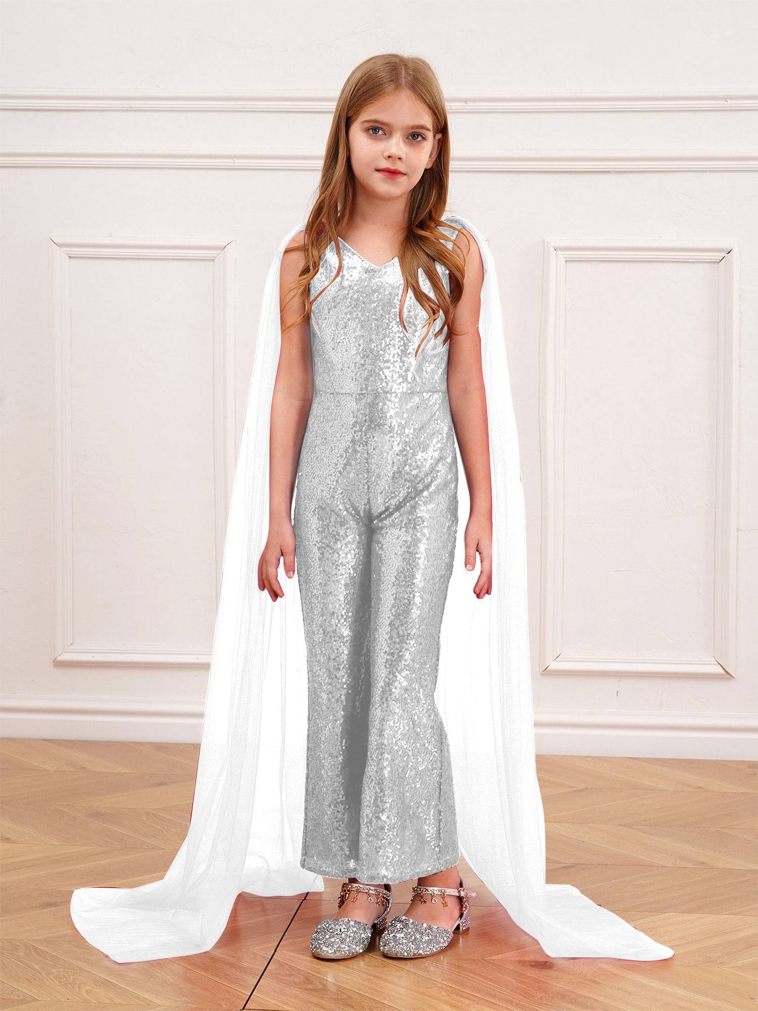 Kids Girls  Cape Sleeve Sparkly Sequined Party Jumpsuit