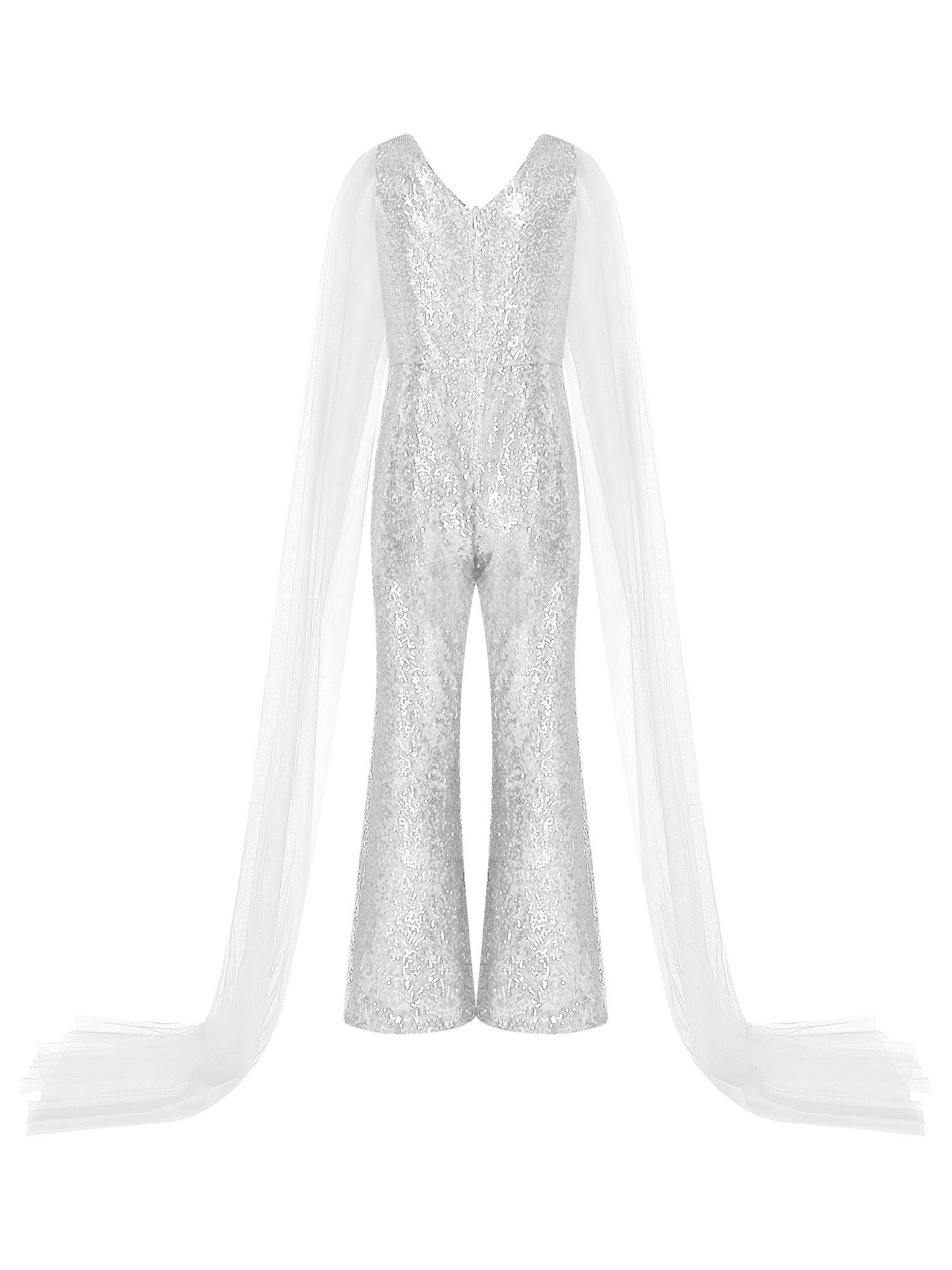 Kids Girls  Cape Sleeve Sparkly Sequined Party Jumpsuit