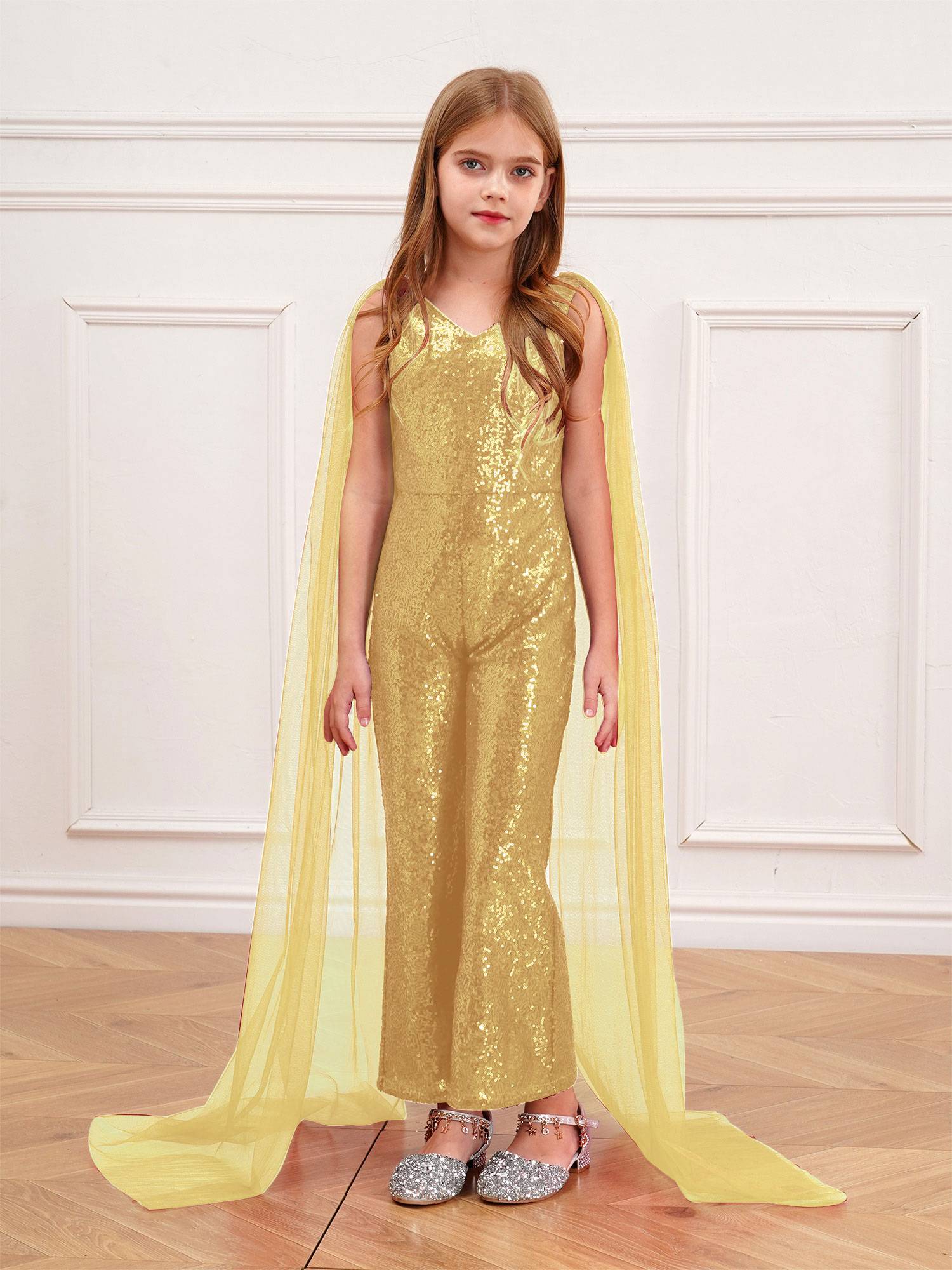 Kids Girls  Cape Sleeve Sparkly Sequined Party Jumpsuit