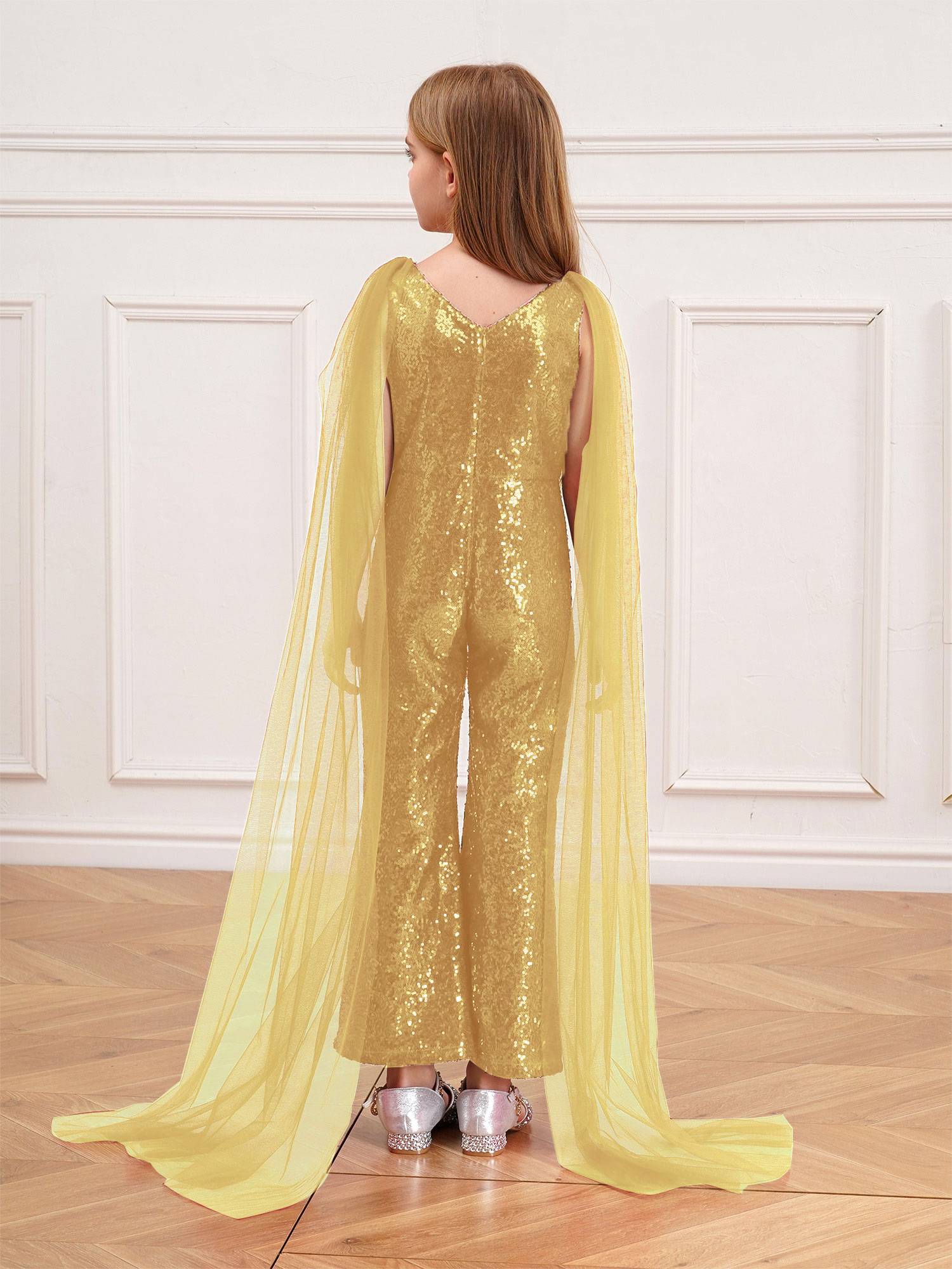 Kids Girls  Cape Sleeve Sparkly Sequined Party Jumpsuit