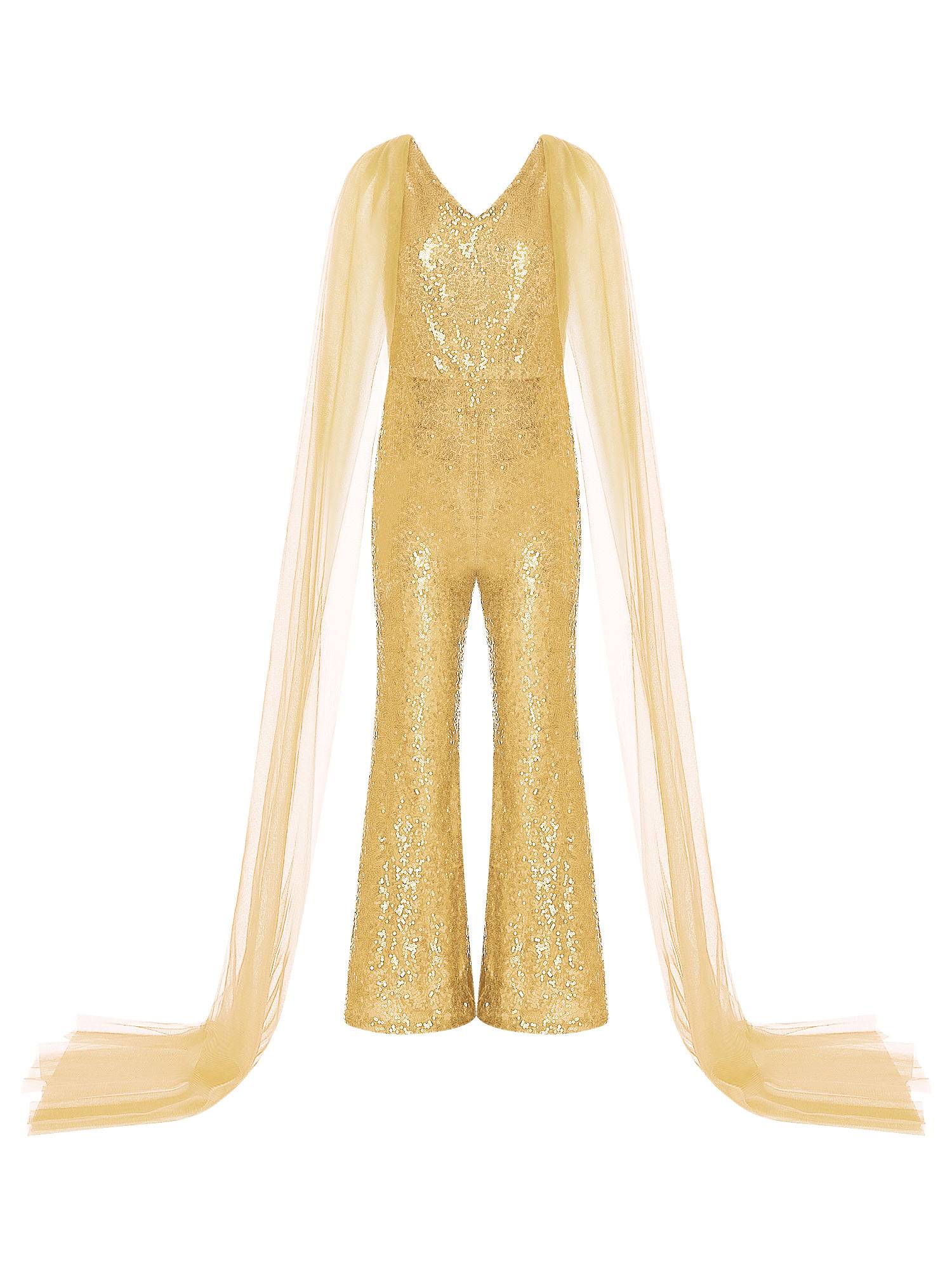 Kids Girls  Cape Sleeve Sparkly Sequined Party Jumpsuit