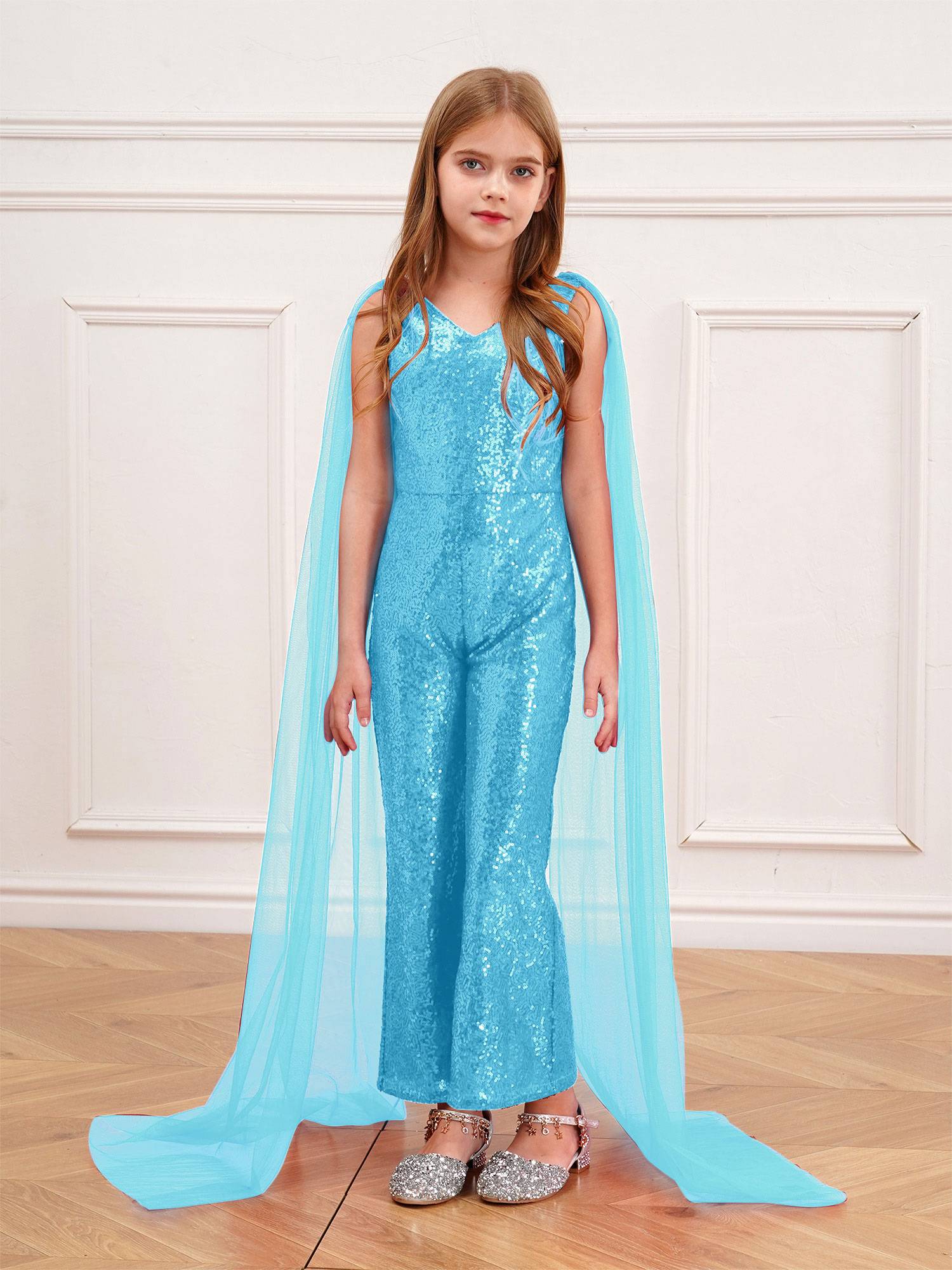 Kids Girls  Cape Sleeve Sparkly Sequined Party Jumpsuit