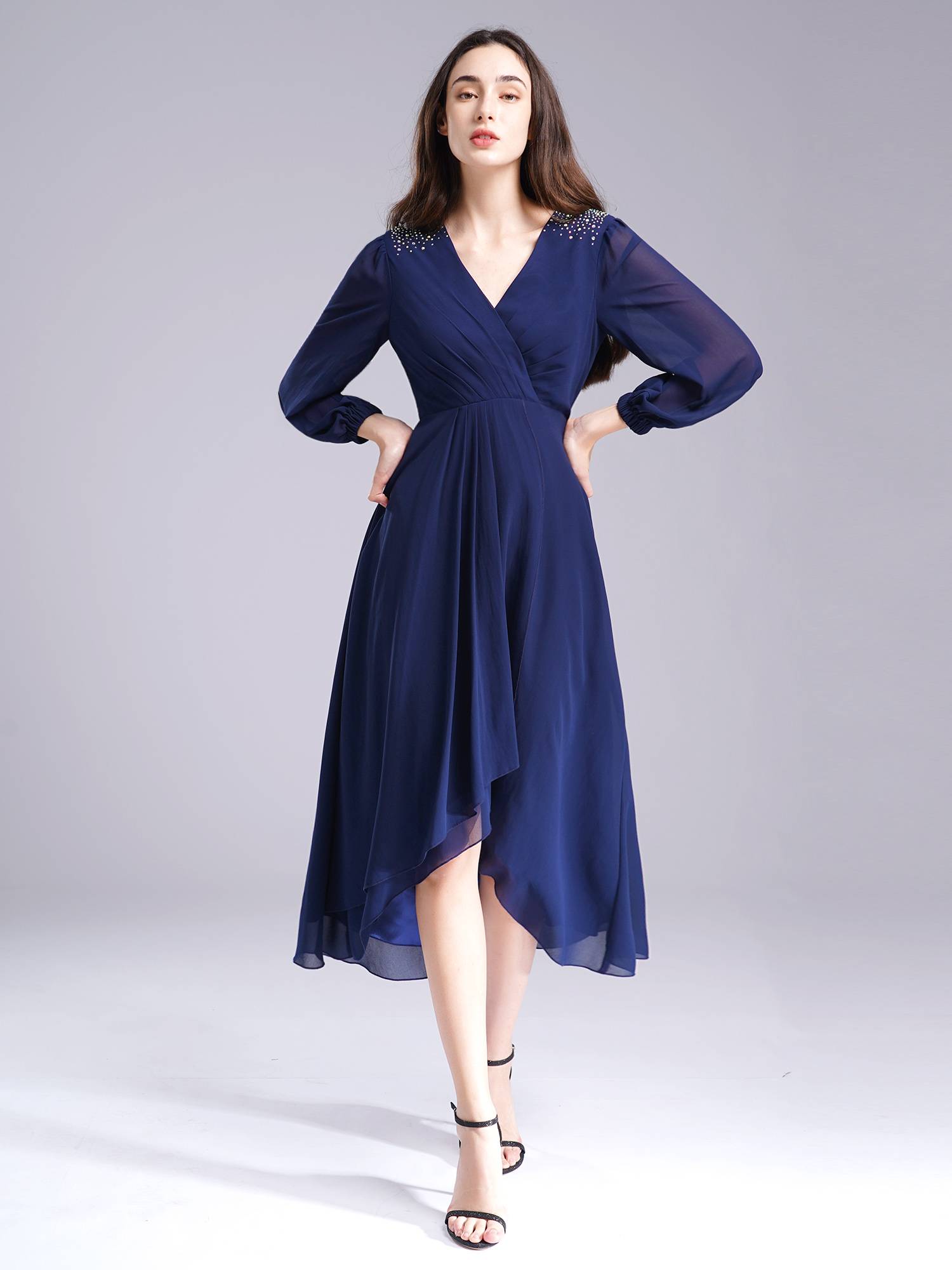 Women Wedding Guest Dress V Neck Long Sleeve High-low Chiffon Dress