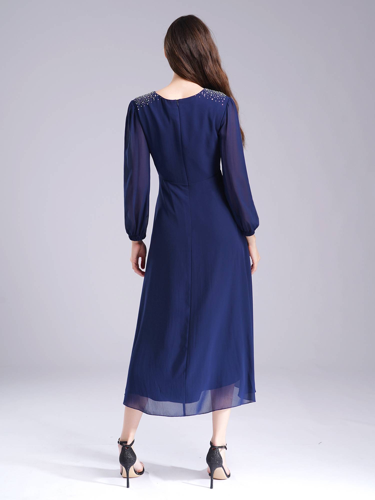 Women Wedding Guest Dress V Neck Long Sleeve High-low Chiffon Dress