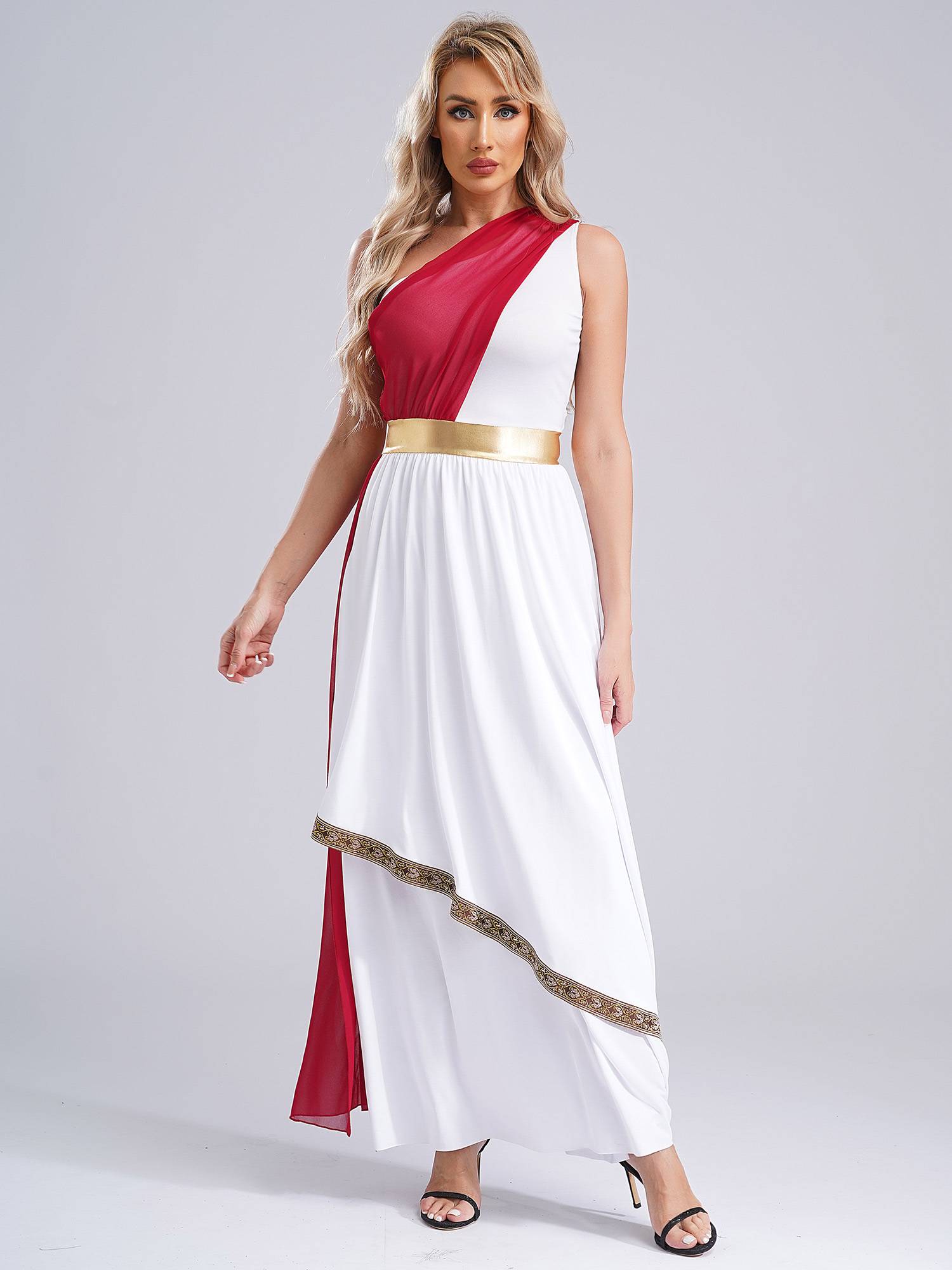 Women One Shoulder Chiffon Overlay Toga Greek Goddess Costume Dress